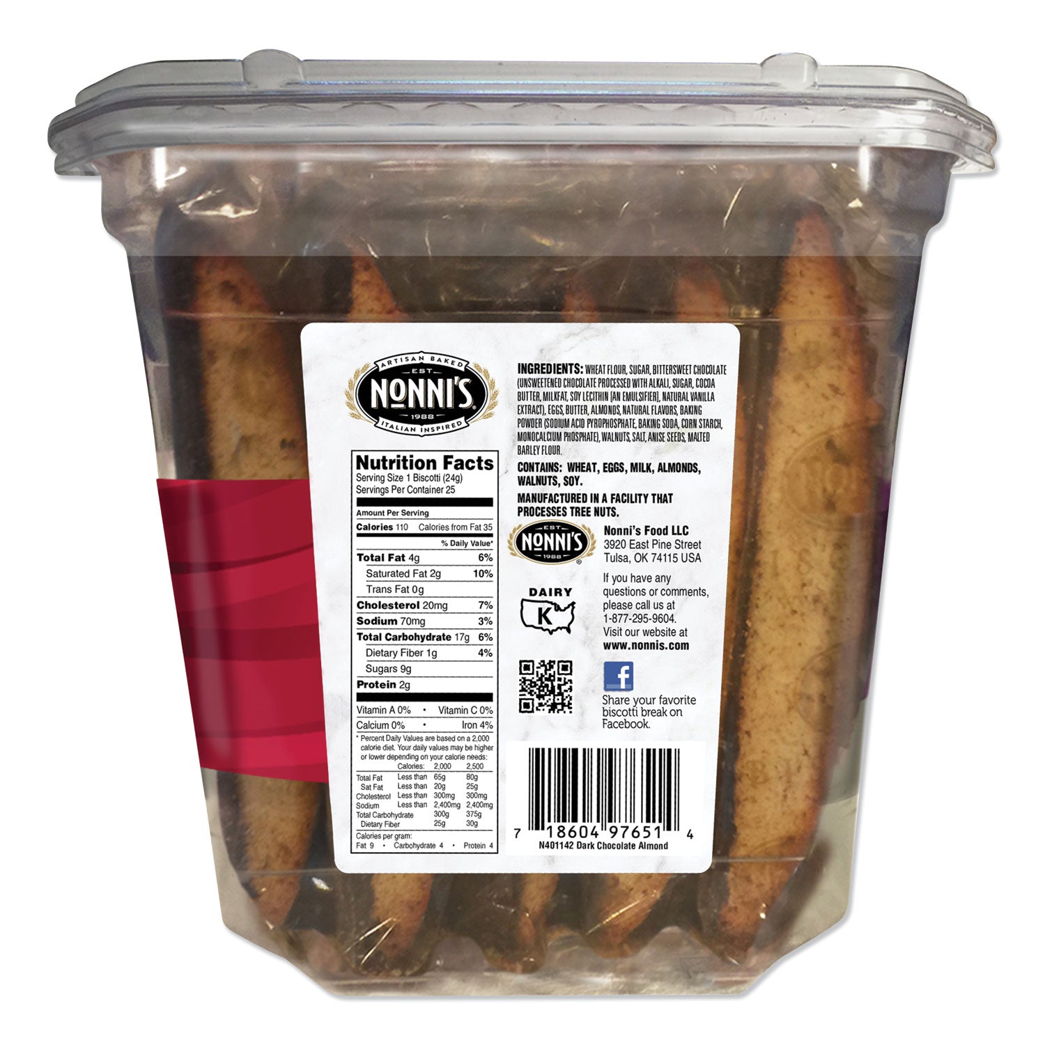 Biscotti, Dark Chocolate Almond, 0.85 Oz Individually Wrapped, 25/pack