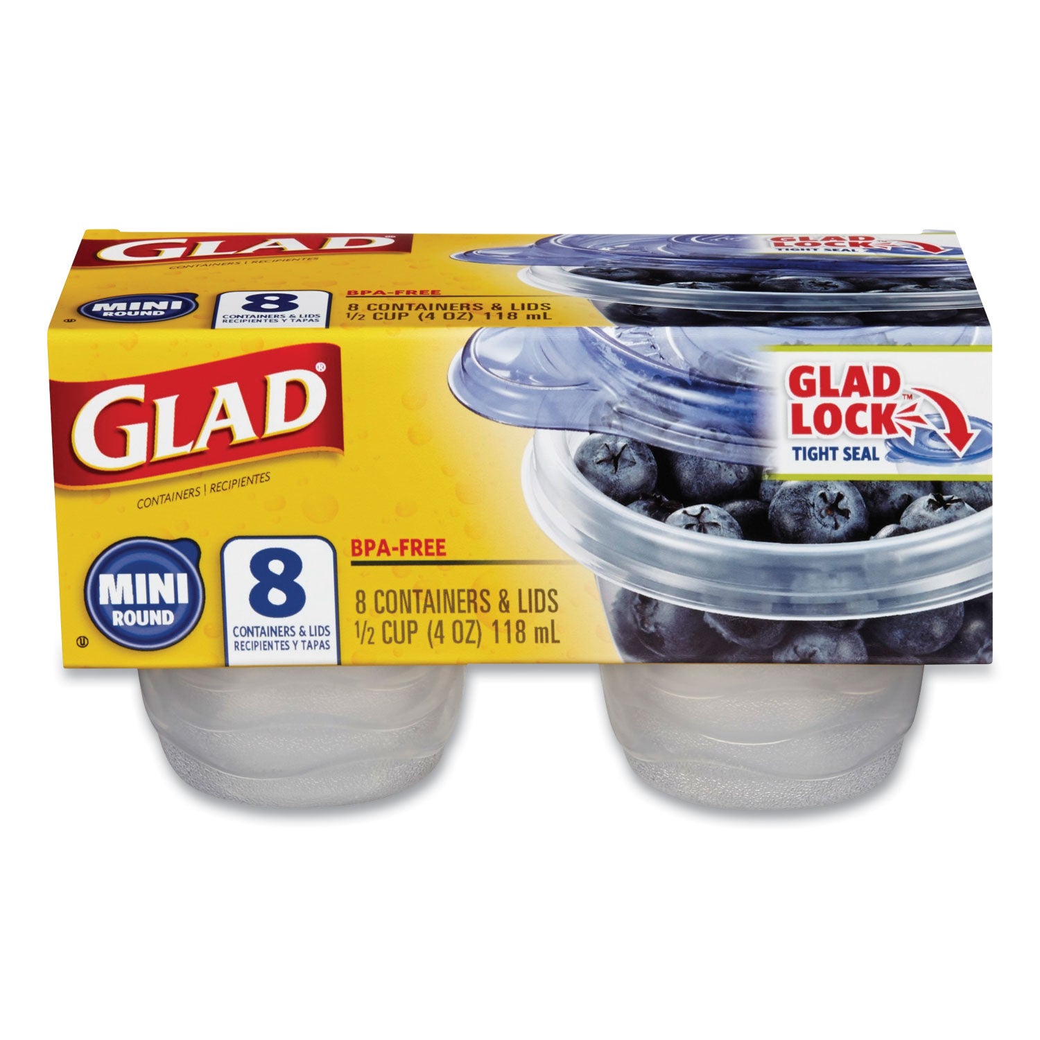 Mini Round Food Storage Containers, 4 Oz, Clear/Blue, Plastic, 8/Pack