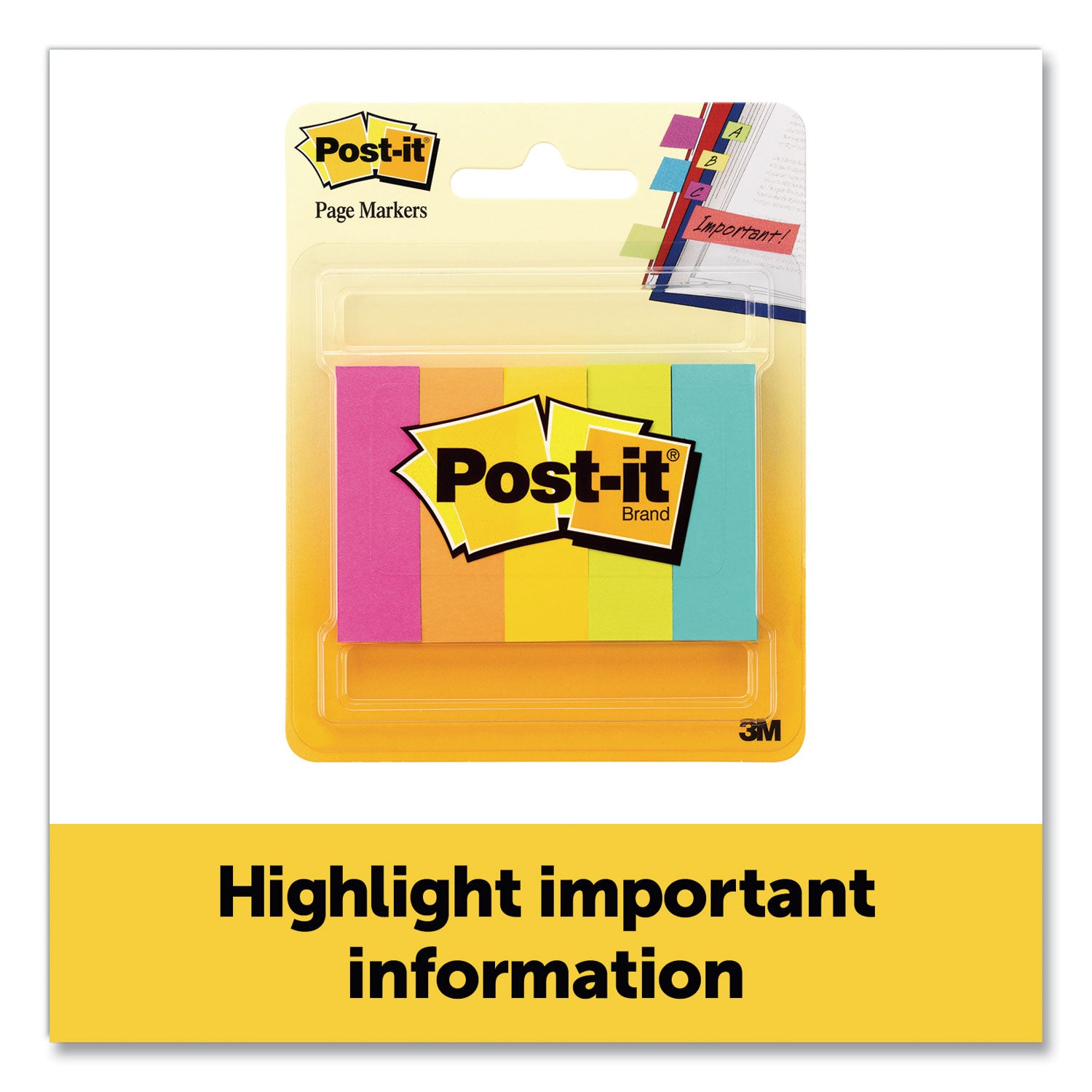Post-it&reg; Page Markers - 1/2" Flag/Note Width x 2" Flag/Note Length - Rectangle - 100 Sheets per Pad - Unruled - Bright Assorted - Paper - Removable, Self-adhesive - 1 Pack