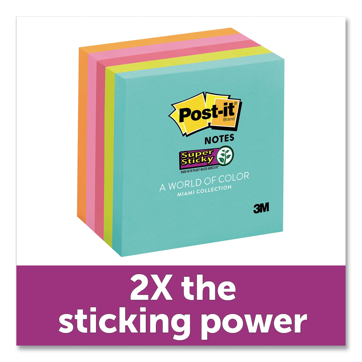 Post-it Super Sticky Notes, Supernova Neons Color Collection, 3" x 3", Square, 90 Sheets per Pad, Aqua Splash/Acid Lime/Guava/Tropical Pink/Iris Infusion, 1 Pack