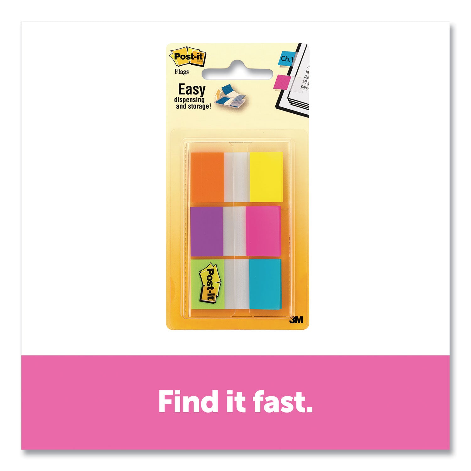 Post-it&reg; Flags - 60 - 1" Flag/Note Width x 1 3/4" Flag/Note Length - Rectangle - Unruled - Orange, Blue, Green, Pink, Yellow, Purple, Assorted - Reusable, Repositionable, Self-adhesive, Removable - Dispenser Included - 60 / Pack