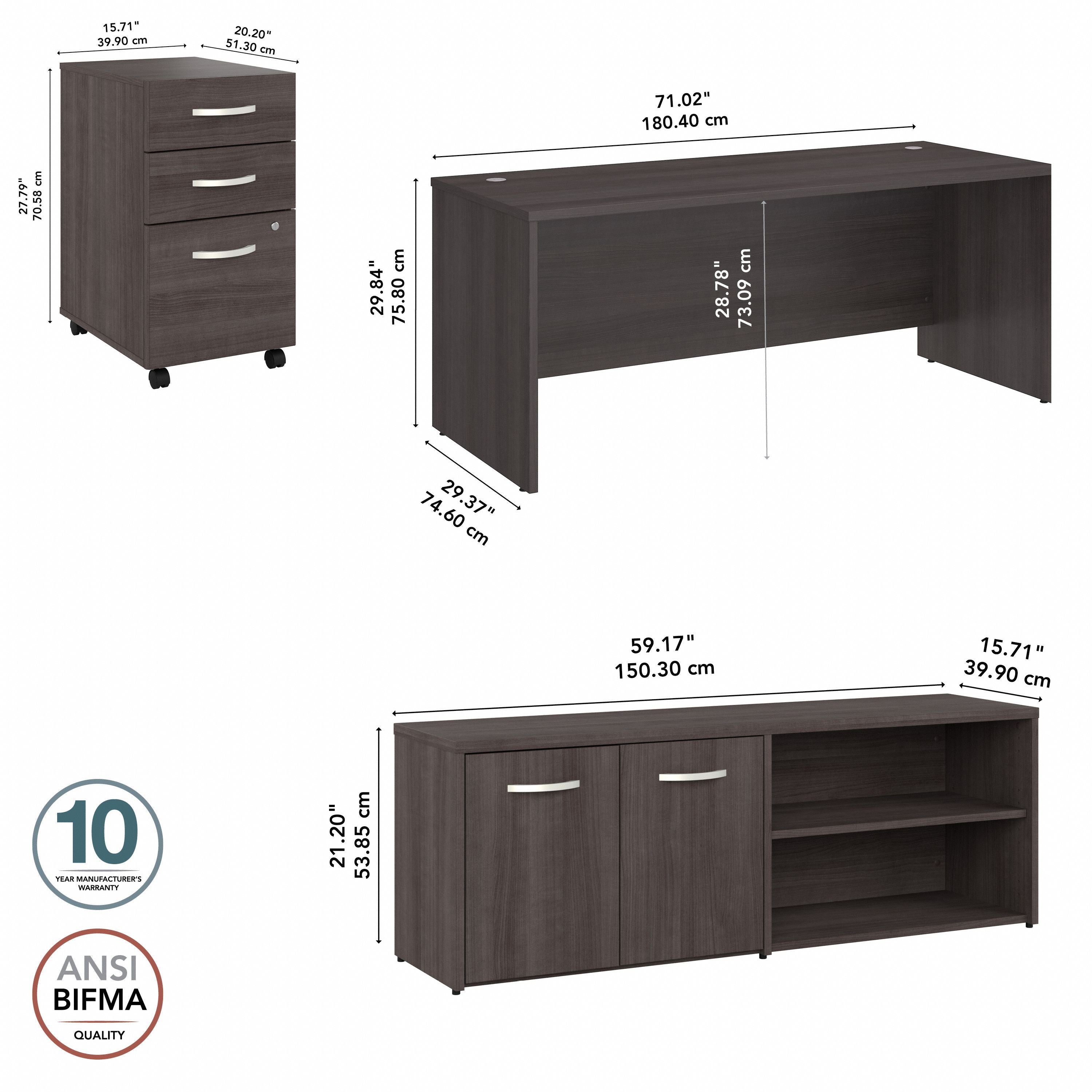 Bush Business Furniture Studio C 72W x 30D Office Desk with Storage Return and Mobile File Cabinet in Storm Gray - 71.02" Width x 29.37" Depth x 29.84" Height
