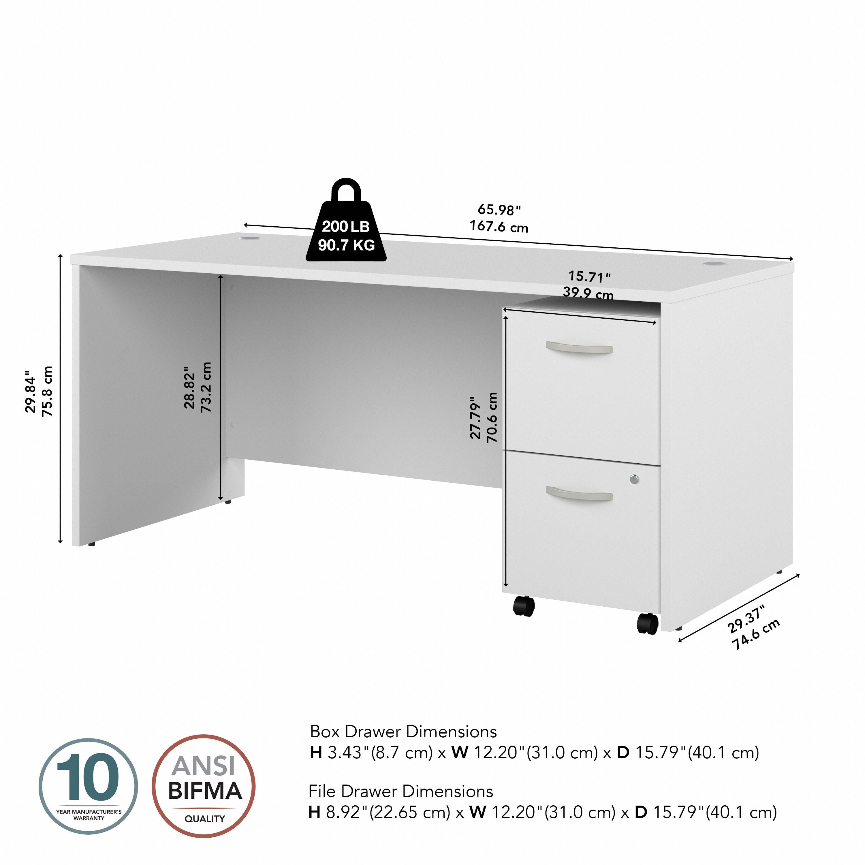 Bush Business Furniture Studio C 66W x 30D Office Desk with 2 Drawer Mobile File Cabinet in White - 65.98" Width x 29.37" Depth x 29.84" Height
