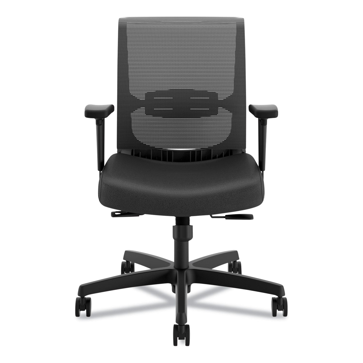 HON Convergence Chair, Vinyl Seat, Mesh Back, Adjustable Arms, Black Frame, 5-Star Base, Black, 1 Each