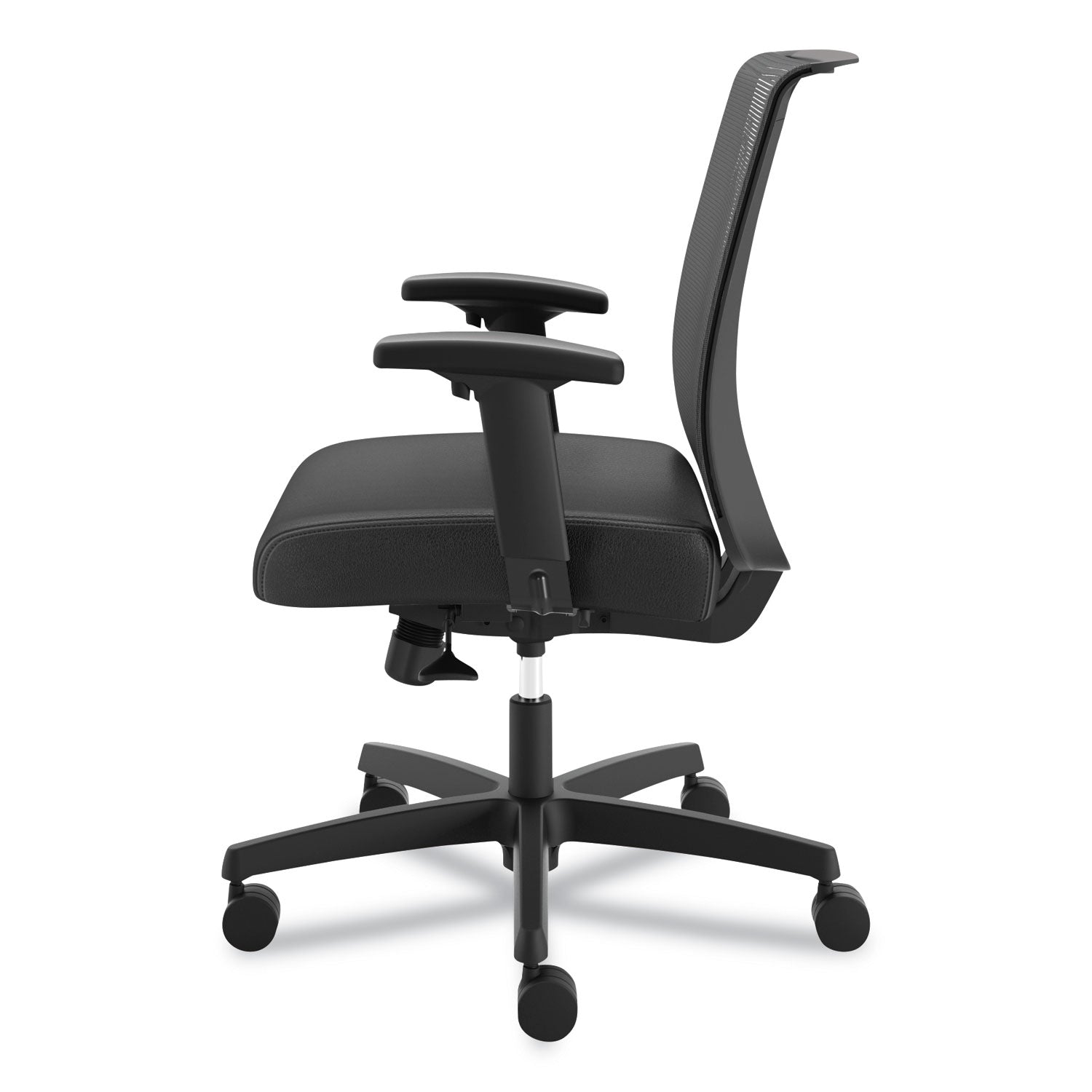 HON Convergence Chair, Vinyl Seat, Mesh Back, Adjustable Arms, Black Frame, 5-Star Base, Black, 1 Each