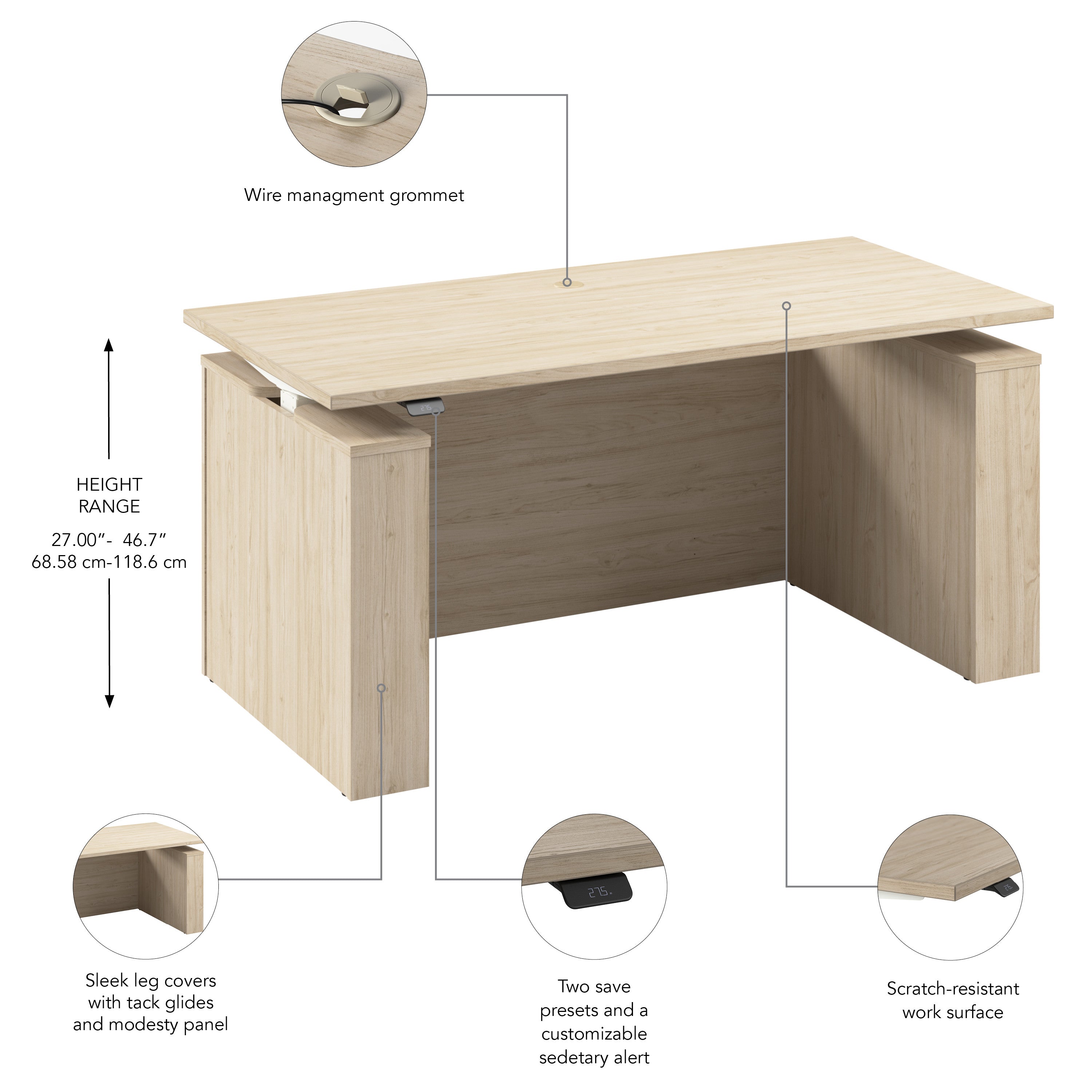 Bush Business Furniture Stratus&nbsp;60W x&nbsp;30D Electric Height Adjustable Standing Desk with Modesty Panel in Natural Elm with White Base - 59.45" Width x 29.37" Depth x 27.44" Height