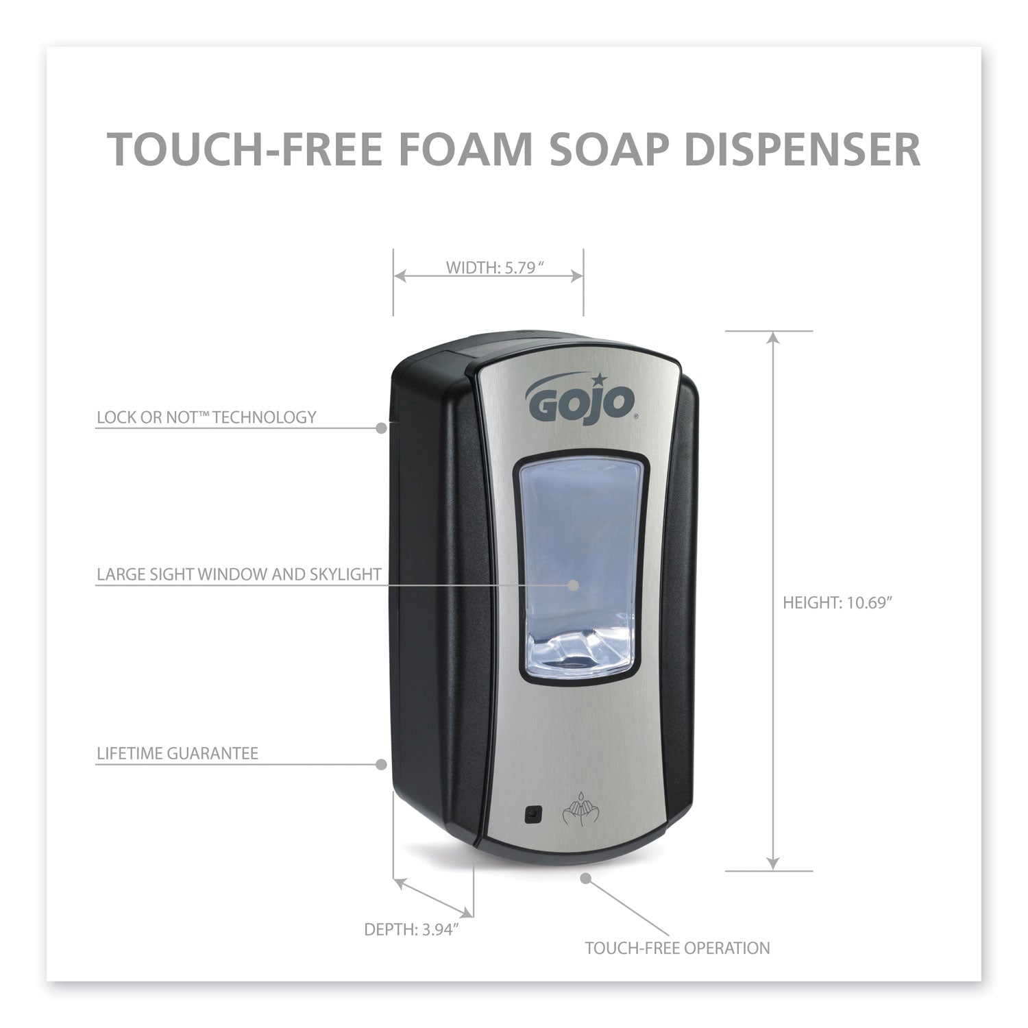 Gojo&reg; LTX-12 Touch-free Foam Soap Dispenser - Automatic - 1.27 quart Capacity - Site Window, Refillable, Touch-free, Lockable, Skylight - Chrome, Black - 1 Each