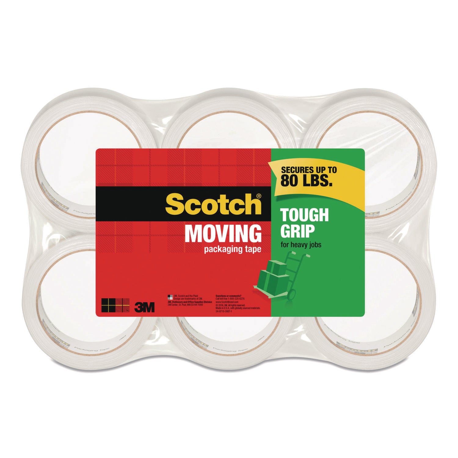 Scotch Tough Grip Moving Packaging Tape - 43.70 yd Length x 1.88" Width - Clear - Fiber - 1 Pack