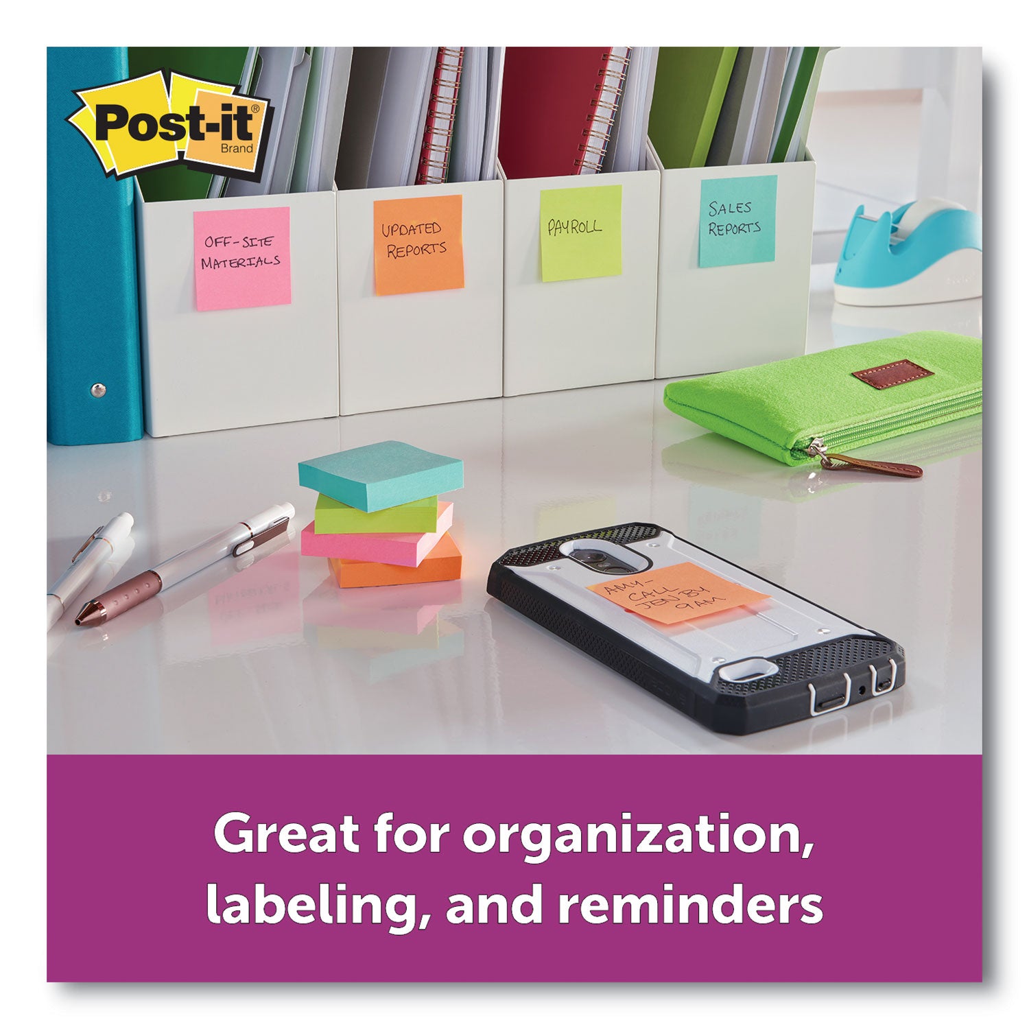 Post-it Super Sticky Notes, Supernova Neons Color Collection, 3" x 3", Square, 90 Sheets per Pad, Aqua Splash/Acid Lime/Guava/Tropical Pink/Iris Infusion, 1 Pack