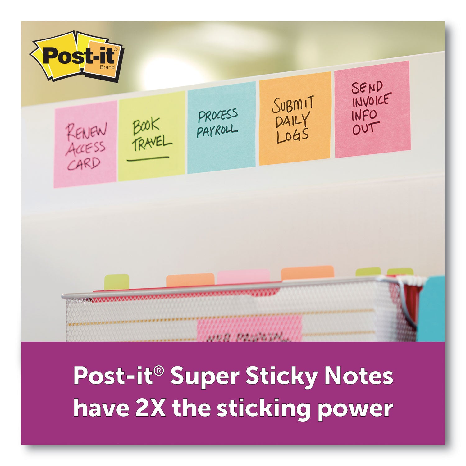 Post-it Super Sticky Notes, Supernova Neons Color Collection, 3" x 3", Square, 90 Sheets per Pad, Aqua Splash/Acid Lime/Guava/Tropical Pink/Iris Infusion, 1 Pack