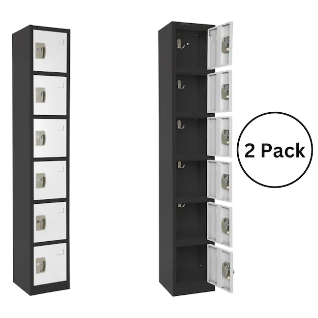 Large 6 Door Locker – Black Body With White Doors 2-Pack