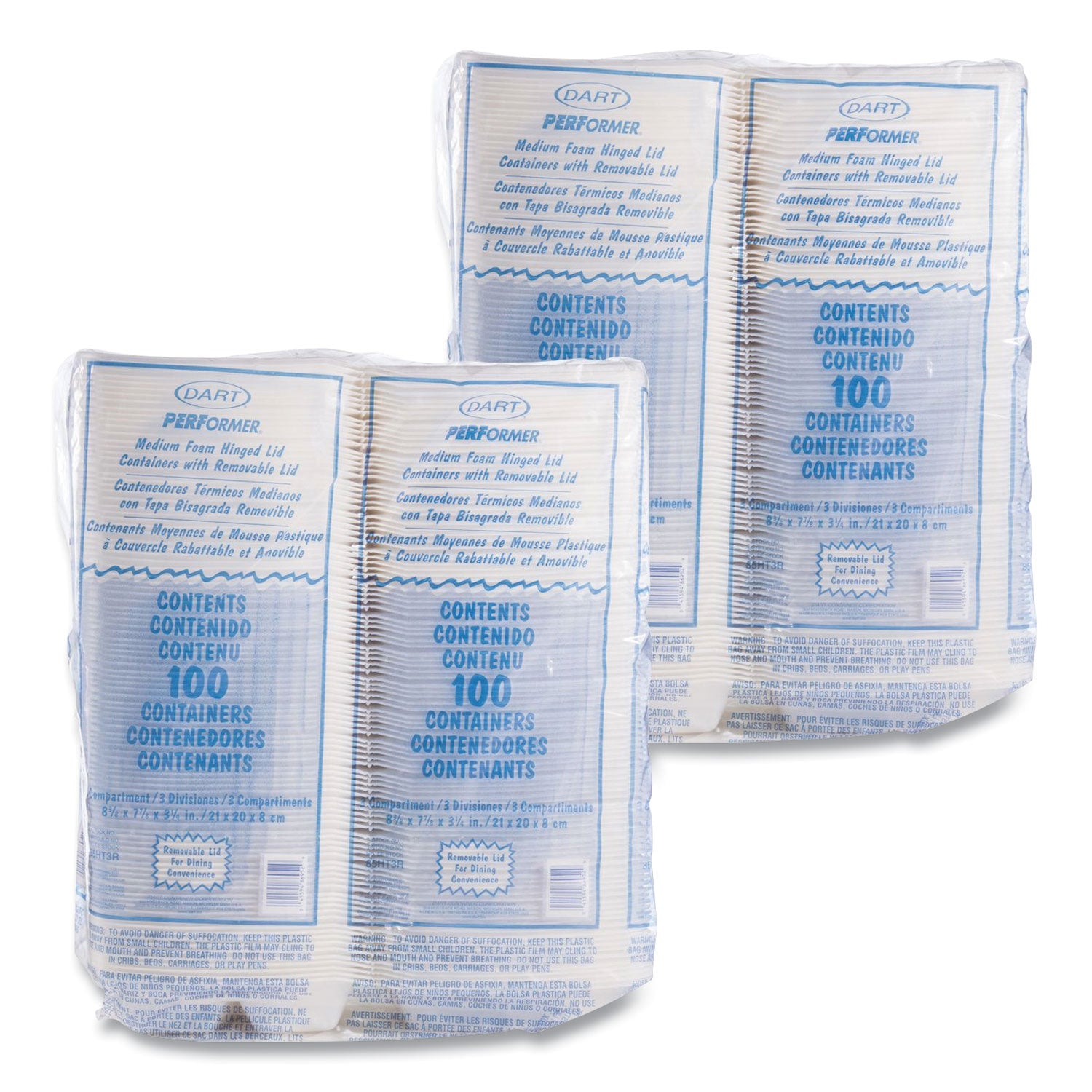 Foam Hinged Lid Containers, 3 Compartments, 8.38 x 7.78 x 3.25, 200/Carton