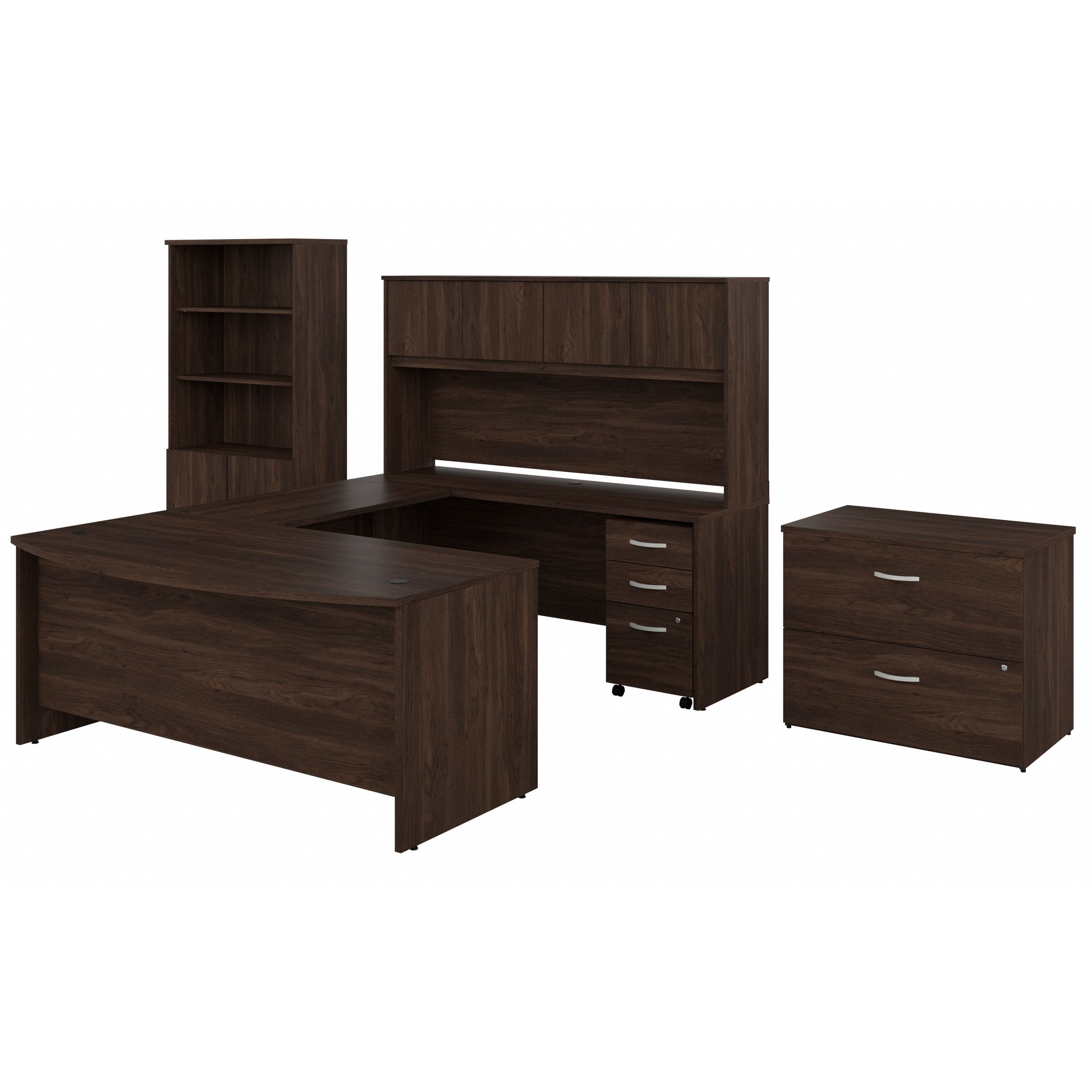 Bush Business Furniture Studio C 72W x 36D U Shaped Desk with Hutch, Bookcase and File Cabinets in Black Walnut - 71.02" Width x 100.43" Depth x 72.8" Height