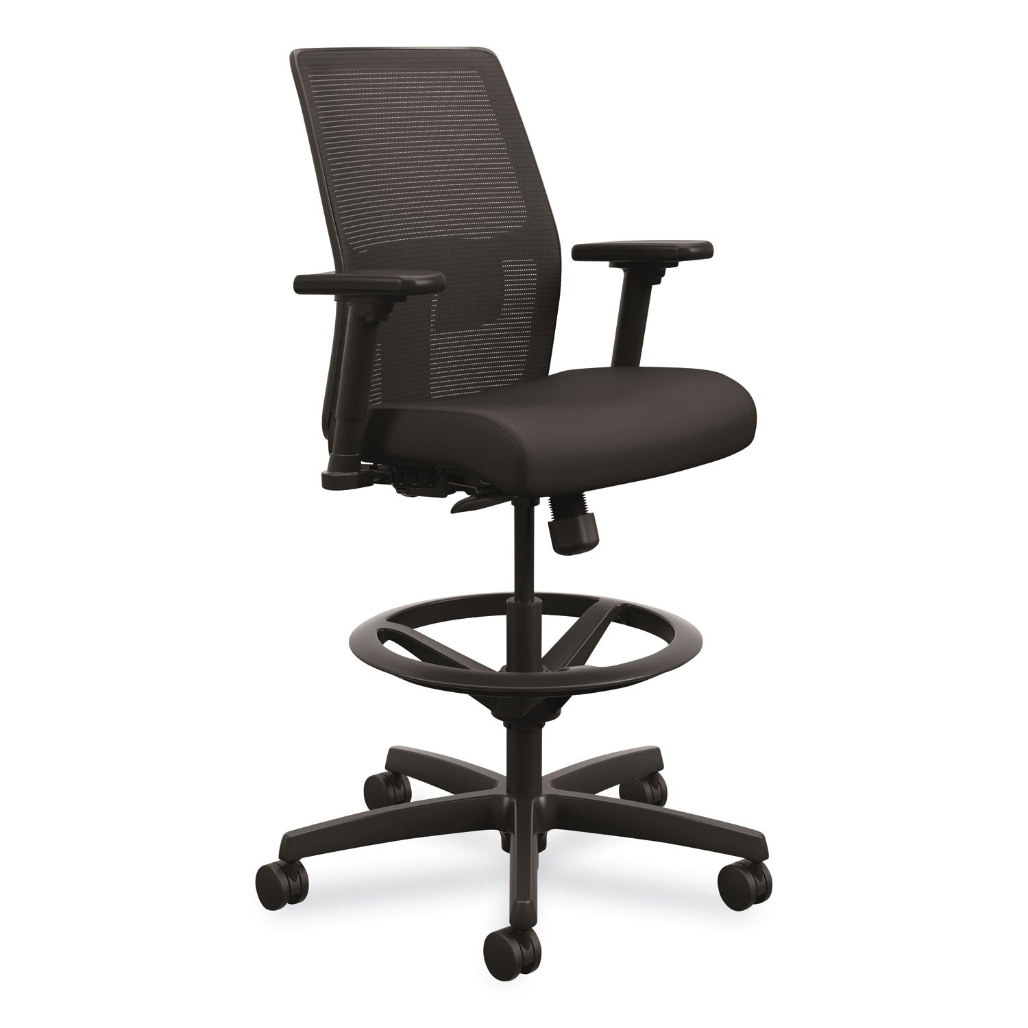 HON Ignition Mesh Back Task Stool, Black Seat and Frame, Low Back, 5-Star Base, Adjustable Arms, 1 Each