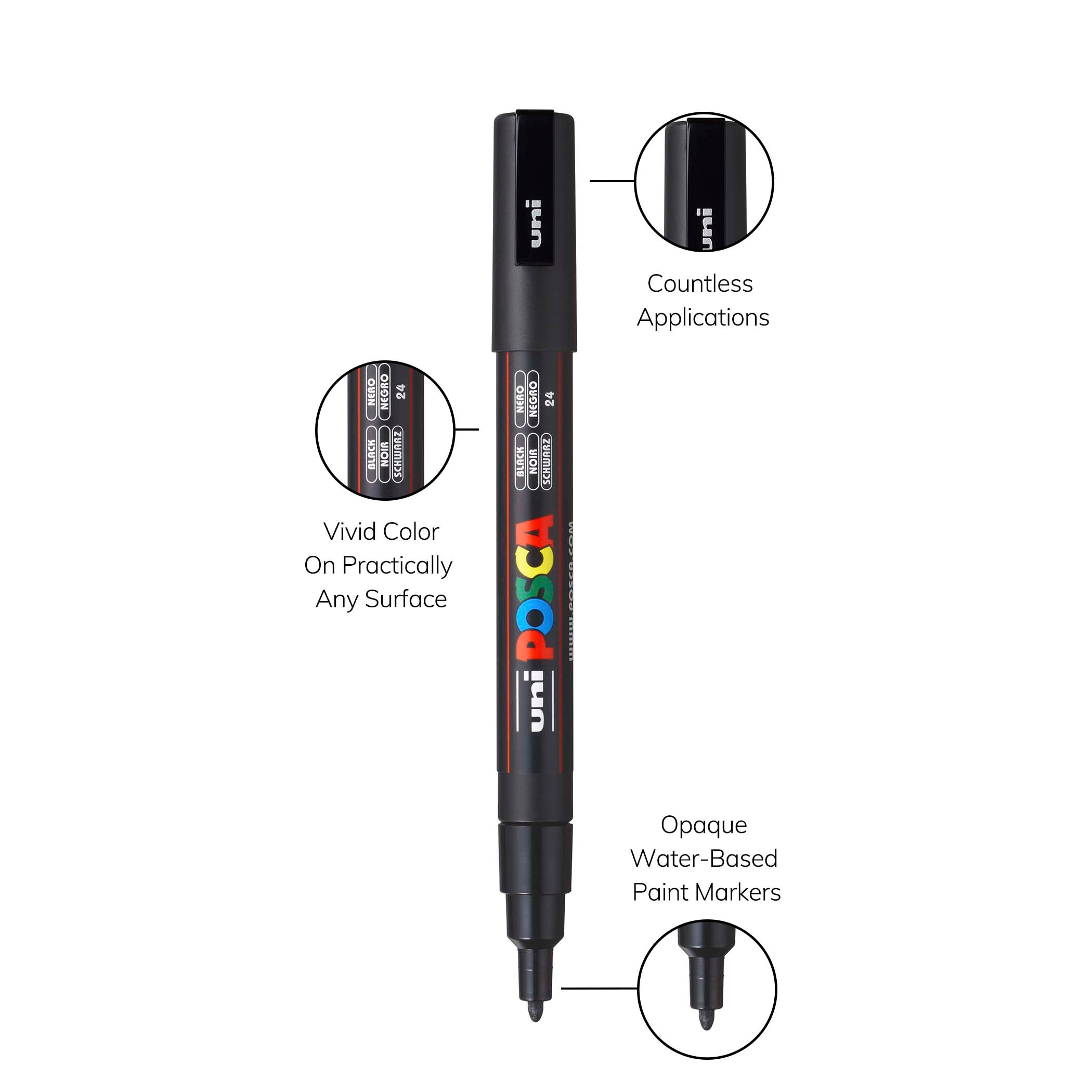 uni® POSCA PC-3M Water-Based Paint Markers, Reversible Fine Tip (0.9-1.3mm), Black