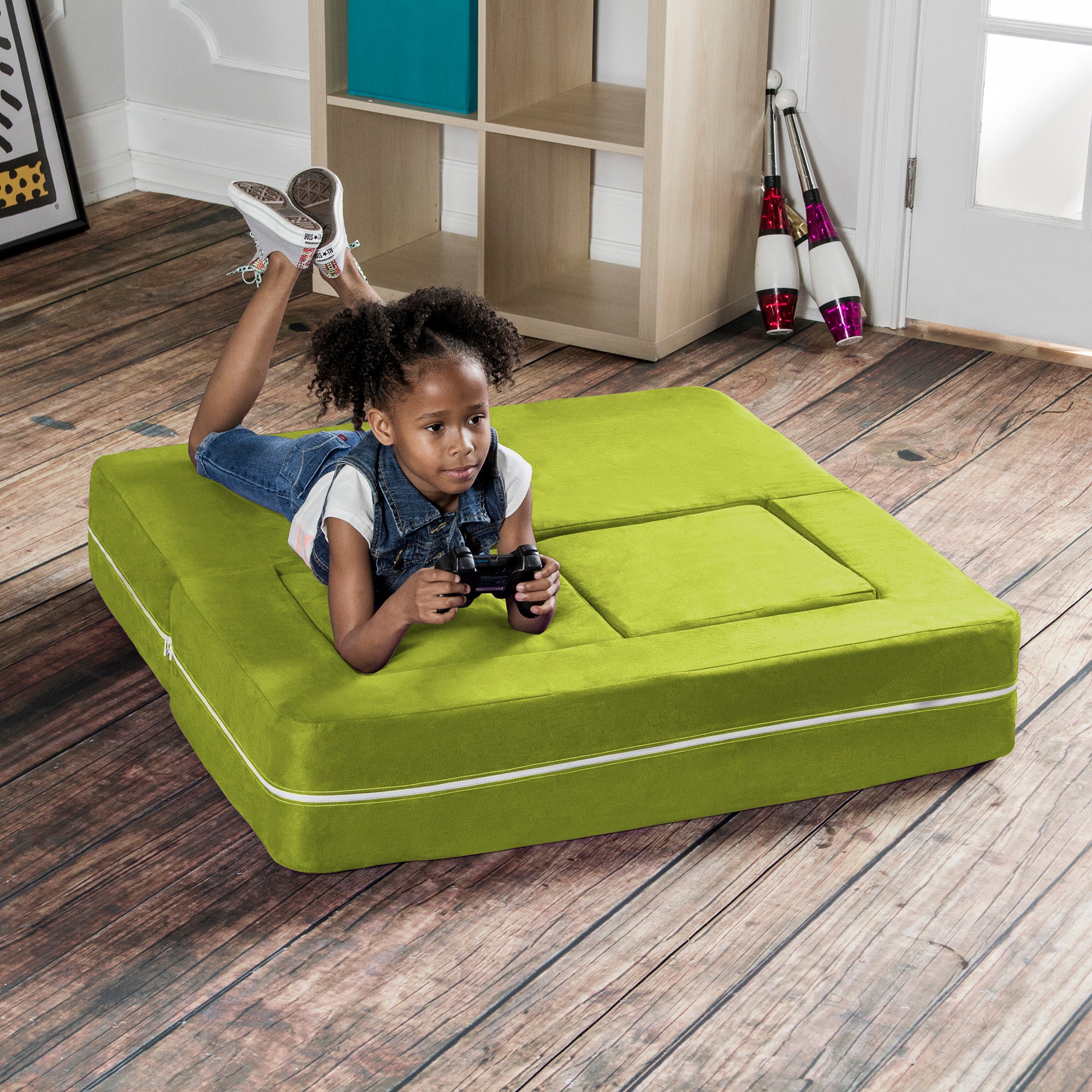 Jaxx Zipline Kids Modular Loveseat & Ottomans/Fold Out Lounger, Lime