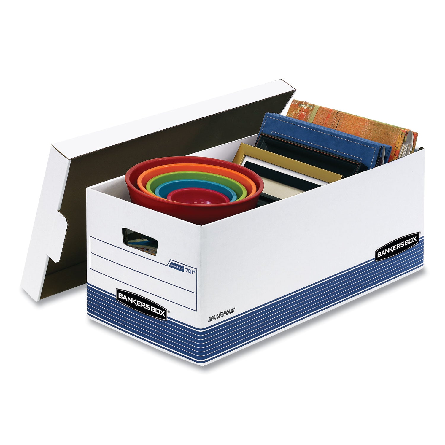 Bankers Box STOR/FILE Storage Box, Letter Size, Lift-off Lid, Medium Duty, Stackable, White/Blue, 12 Boxes per Carton