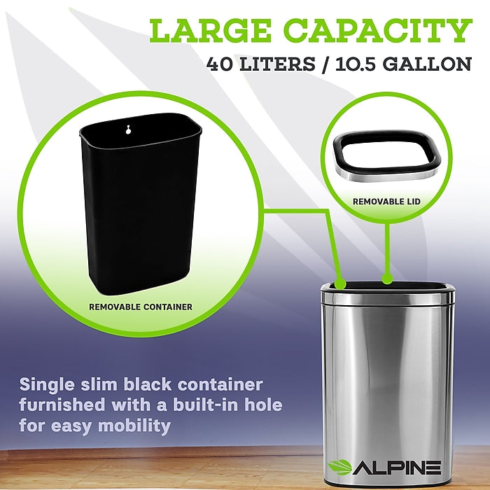 Alpine Industries 40 L / 10.5 Gal Gal Stainless Steel Slim Open Trash Can, Brushed Stainless Steel