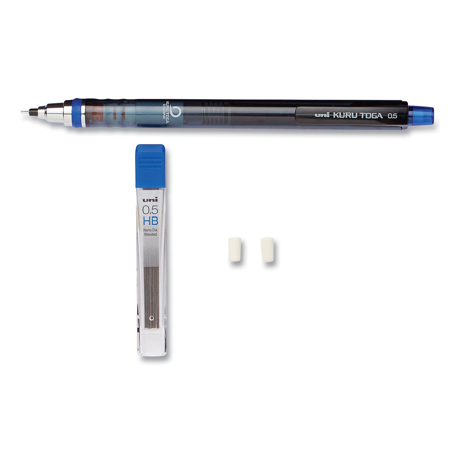 KuruToga Mechanical Pencil with Tube of Lead/Erasers, 0.5 mm, HB (#2), Black Lead, Black Barrel