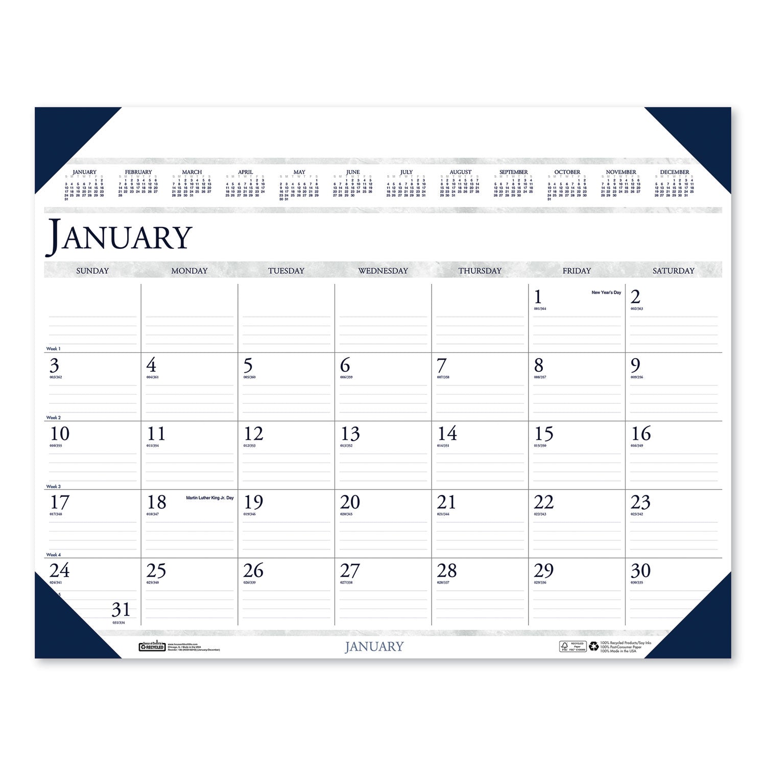 Julian Dates - Monthly - 1 Year - January 2026 to December 2026 - 1 Month Single Page Layout - 24" x 19" Sheet Size - 2.38" x 3.38" Block - Desk Pad - Multi - Paper, Leatherette - Holder - 1 Each
