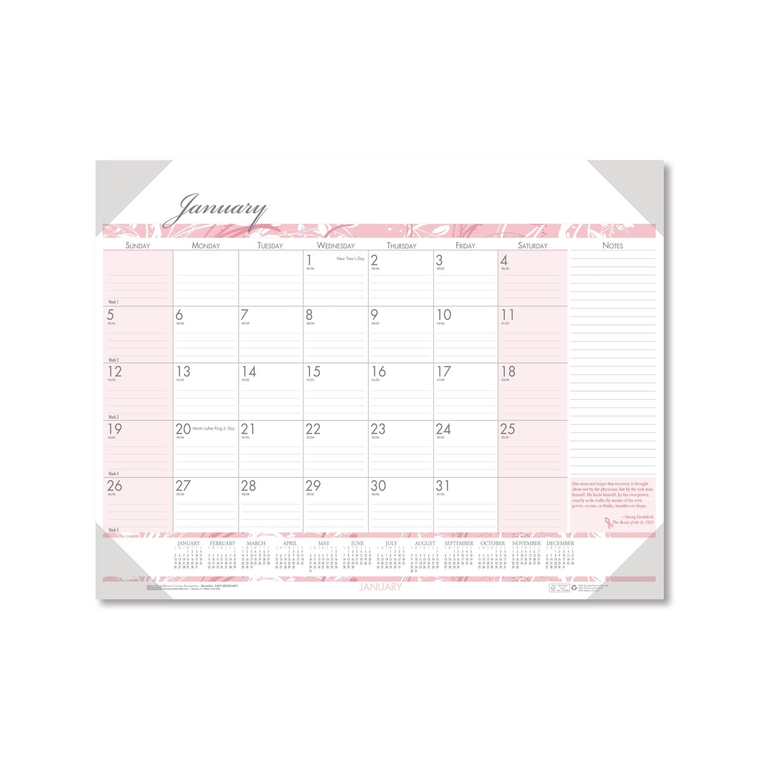 Julian Dates - Daily, Monthly - 12 Month - January 2026 to December 2026 - 1 Month Single Page Layout - 2.38" x 2.50" Block - Desk Pad - Pink, Gray - 17" Height x 22" Width - Reinforced Corner, Reference Calendar, Notes Area - 1 Each