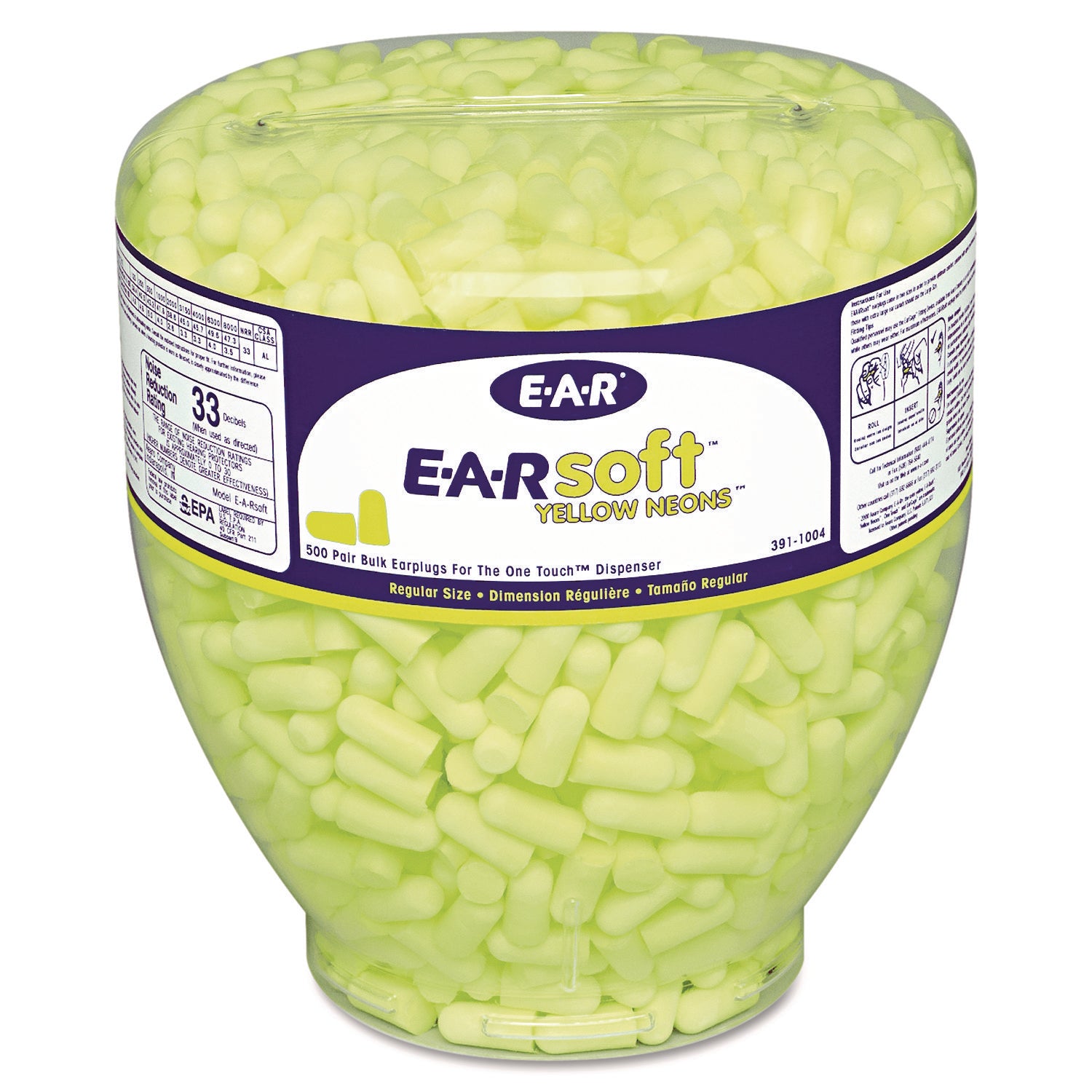E-A-R Classic Earplugs - Recommended for: Automotive, Building, Construction, Industrial, Metalworking, Military, Mining, Pharmaceutical, Transportation - Noise Reduction Rating Protection - Soft Foam, Soft Foam - Neon Yellow - 2/Pair - 500 / Bottle