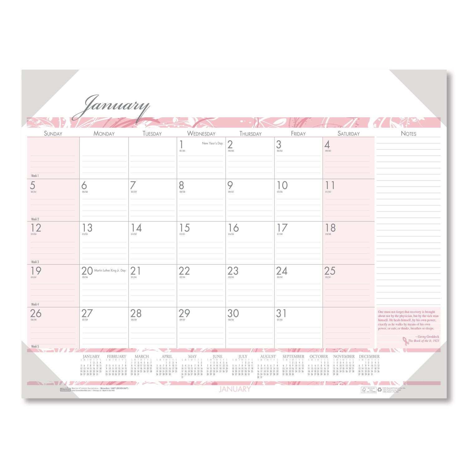 Julian Dates - Monthly - 12 Month - January 2026 to December 2026 - 1 Month Single Page Layout - 18 1/2" x 13" Sheet Size - 2.12" x 1.75" Block - Desk Pad - Pink - Paper, Vinyl - Notepad, Reference Calendar - 1 Each