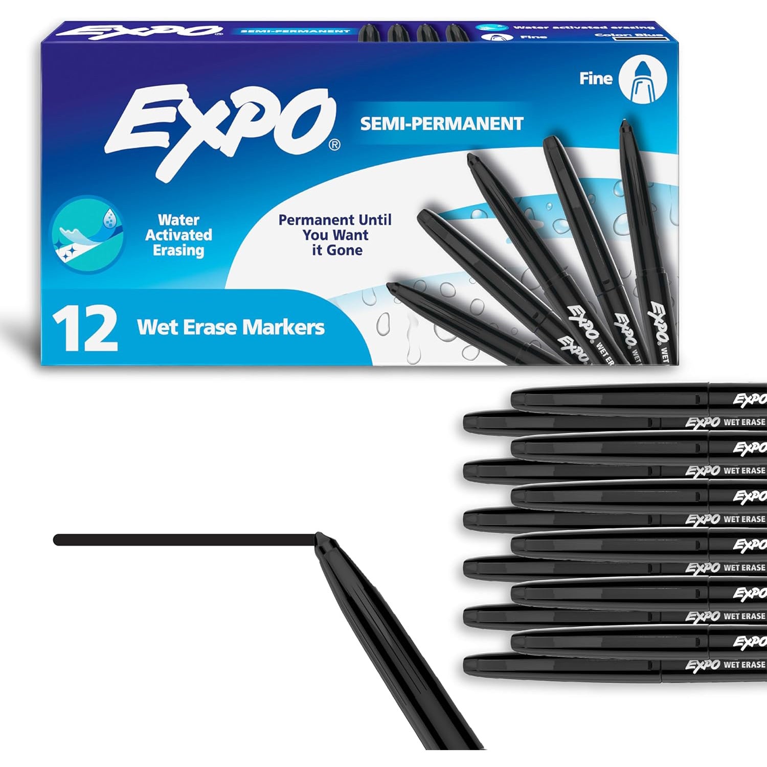 Vis-a-Vis Wet Erase Markers, Fine Point, Black, 12 Count