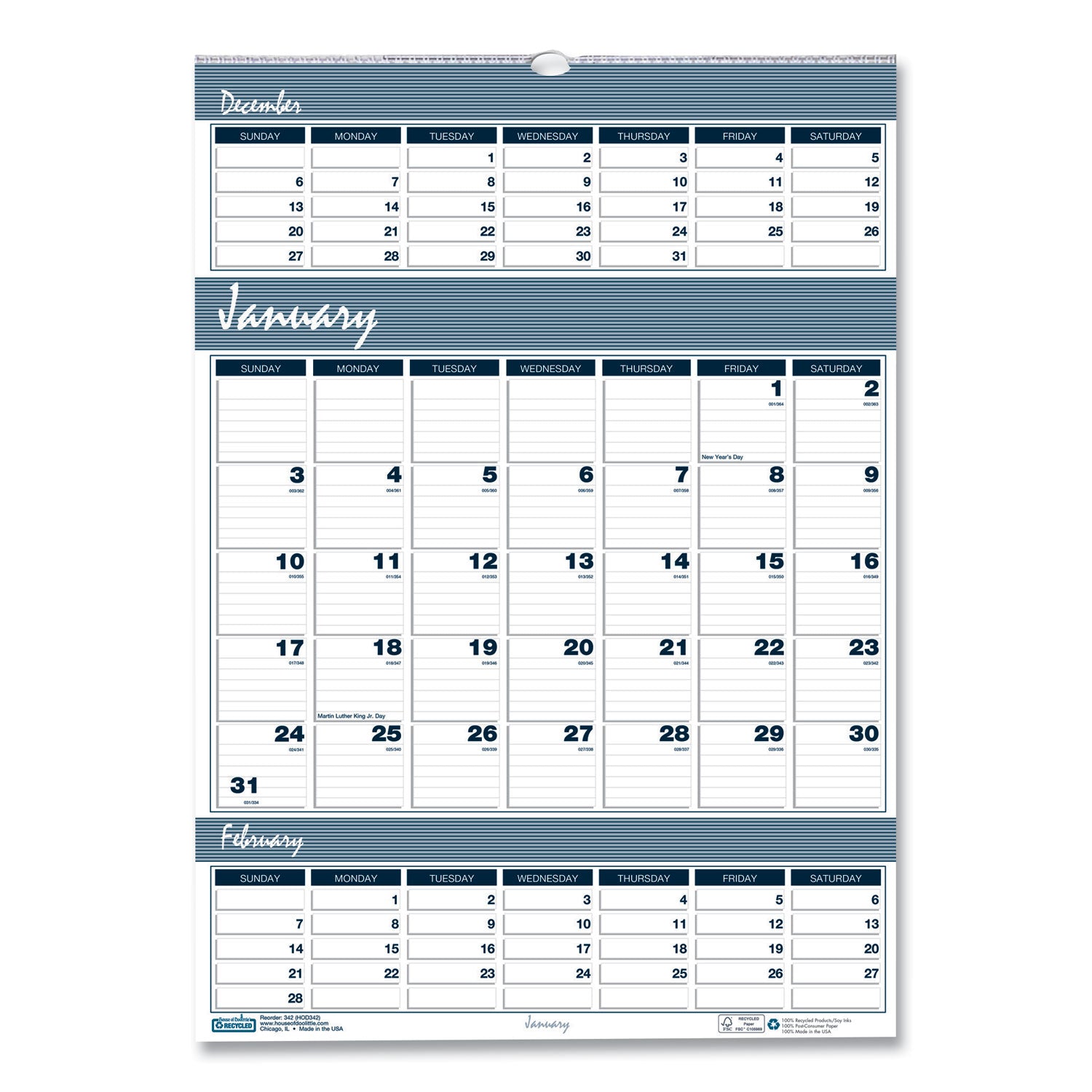 Julian Dates - Monthly - 14 Month - December 2025 to January 2027 - 3 Month Single Page Layout - 12" x 17" Sheet Size - 1.50" x 1.38" Block - Wire Bound - Blue, Gray - Paper - Eyelet - 1 Each