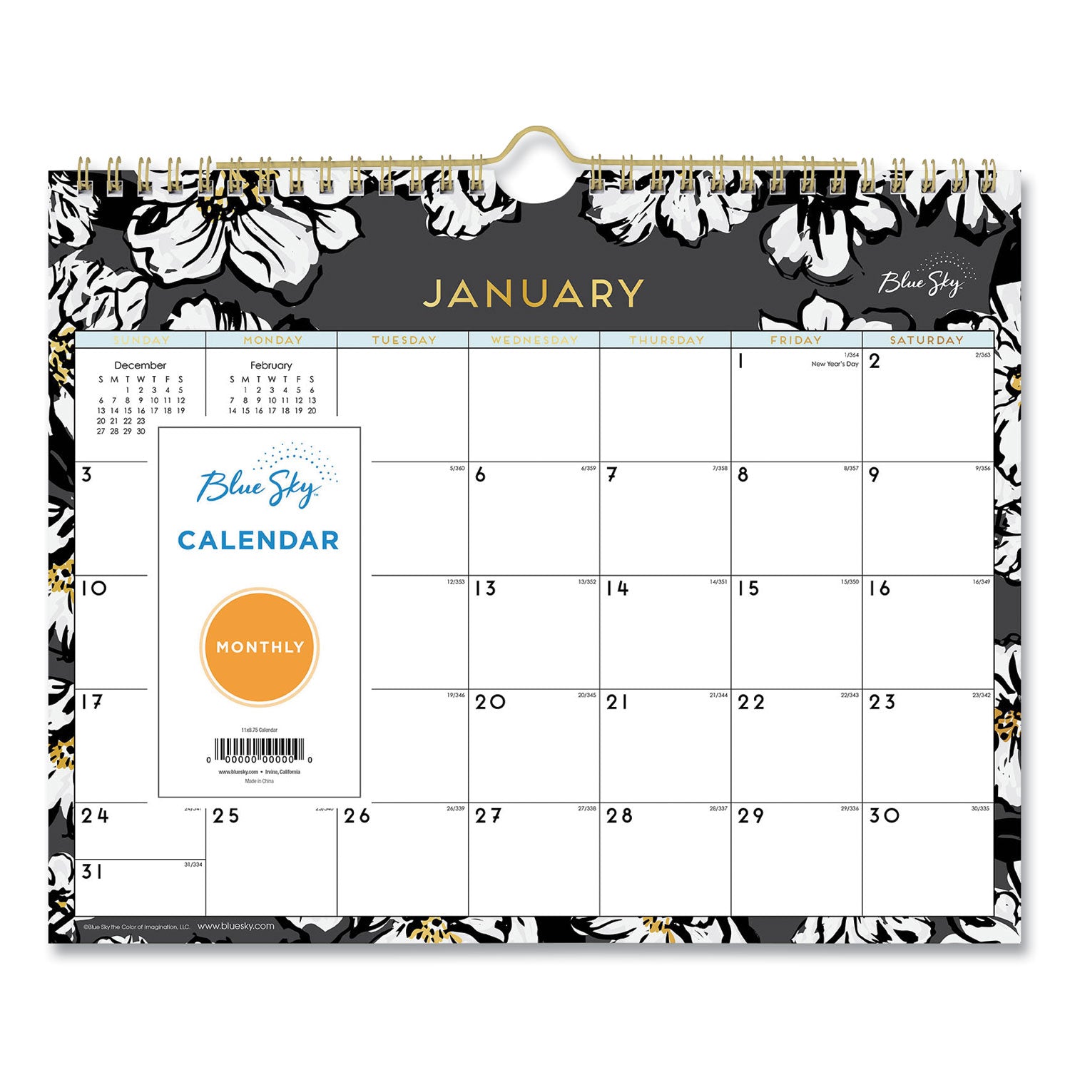 Baccara Dark Wall Calendar, Floral Artwork, 11 x 8.75, White/Black/Gold Sheets, 12-Month (Jan to Dec): 2025