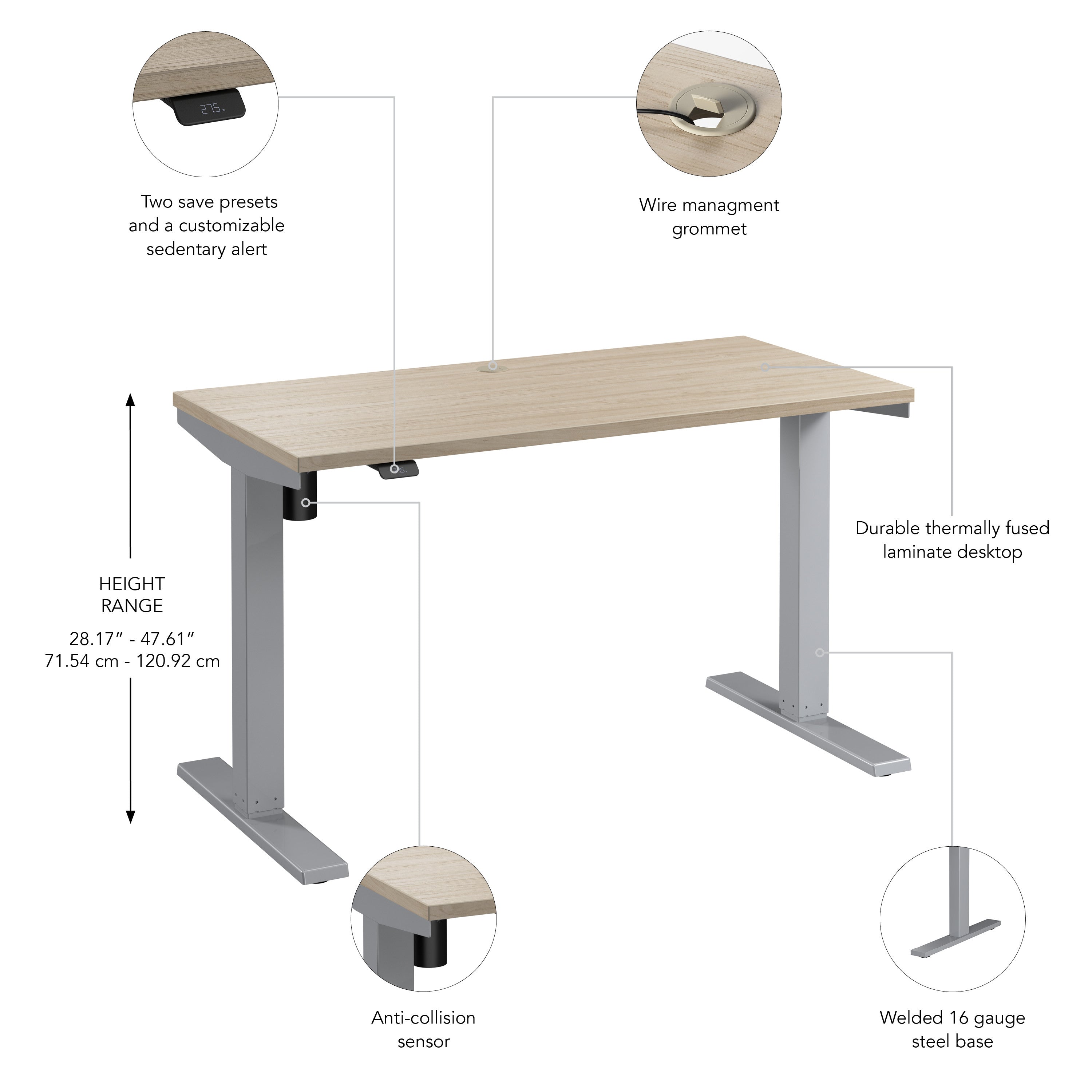 Bush Business Furniture Move 40 Series 48W x 24D Electric Height Adjustable Standing Desk in Natural Elm with Metallic Gray Base - 47.6" Width x 23.35" Depth x 28.17" Height