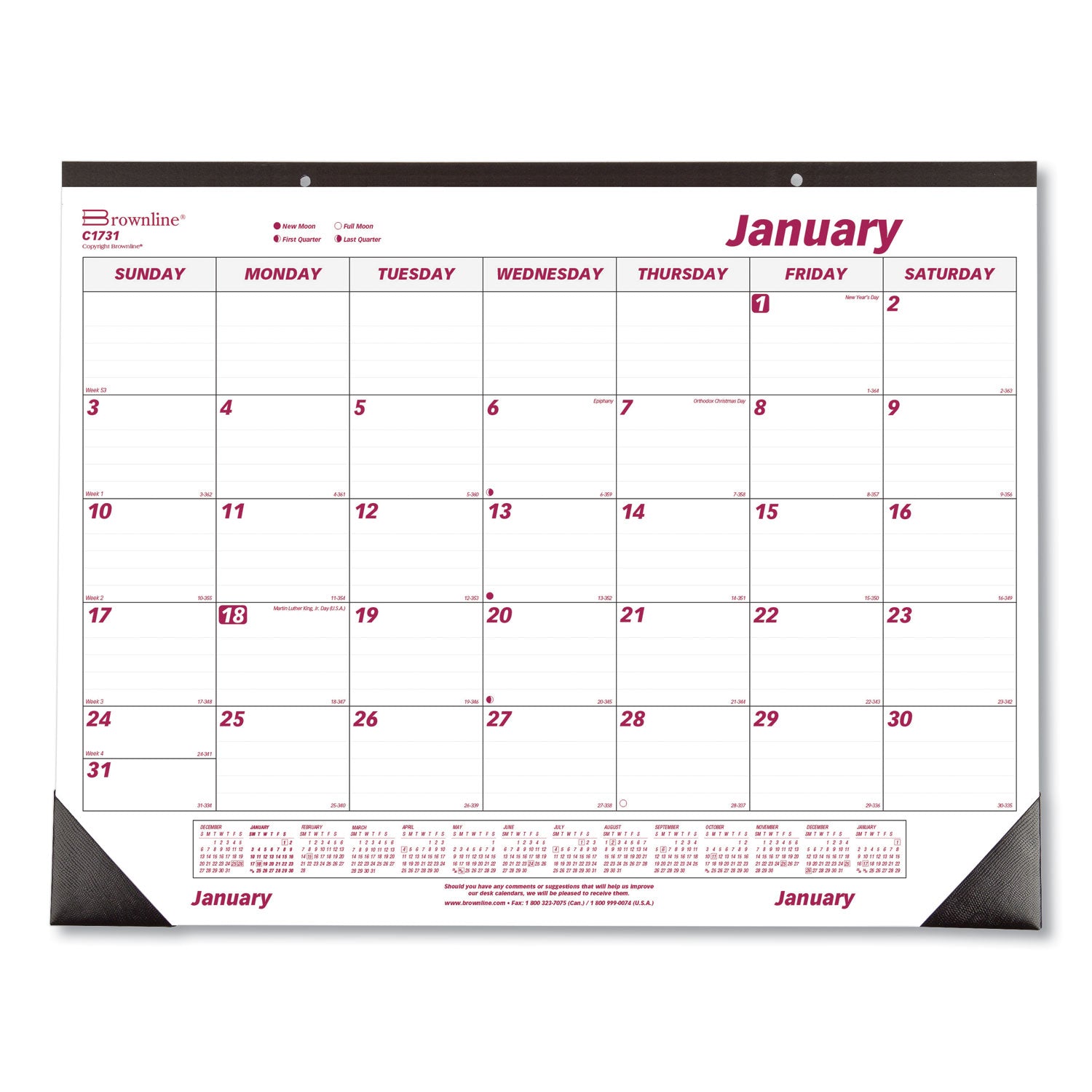 Julian Dates - Monthly - 1 Year - January 2026 to December 2026 - 1 Month Single Page Layout - 22" x 17" Sheet Size - Desk Pad - White - Paper - Eyelet, Tear-off, Reinforced - 1 Each