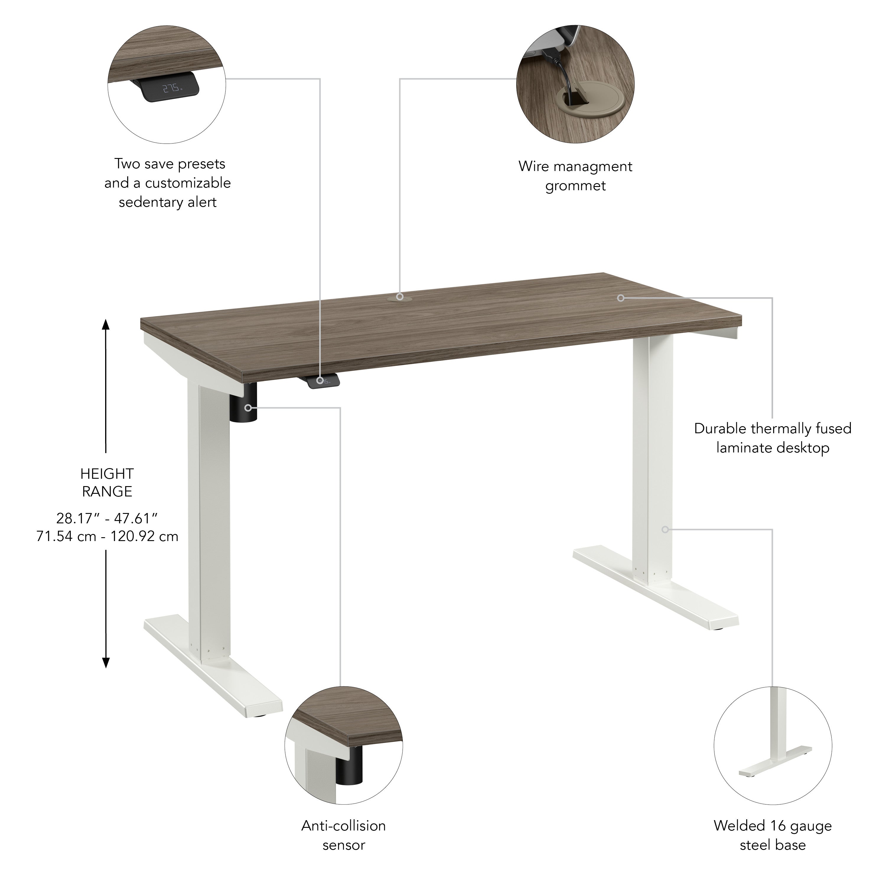 Bush Business Furniture Move 40 Series 48W x 24D Electric Height Adjustable Standing Desk in Modern Hickory with White Base - 47.6" Width x 23.35" Depth x 28.17" Height