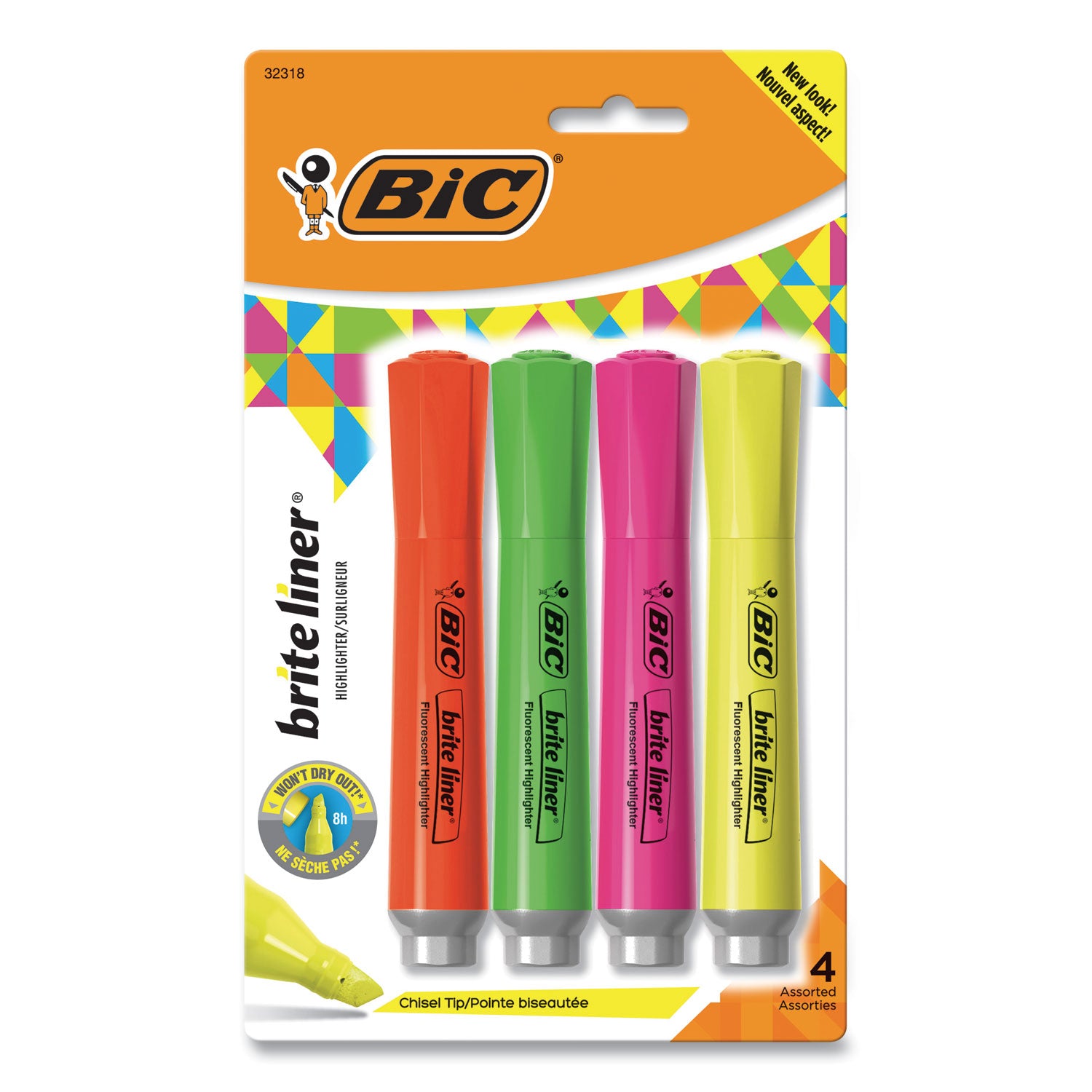 Brite Liner® Grip Tank Highlighter, Chisel Tip, Assorted Colors, Pack of 4
