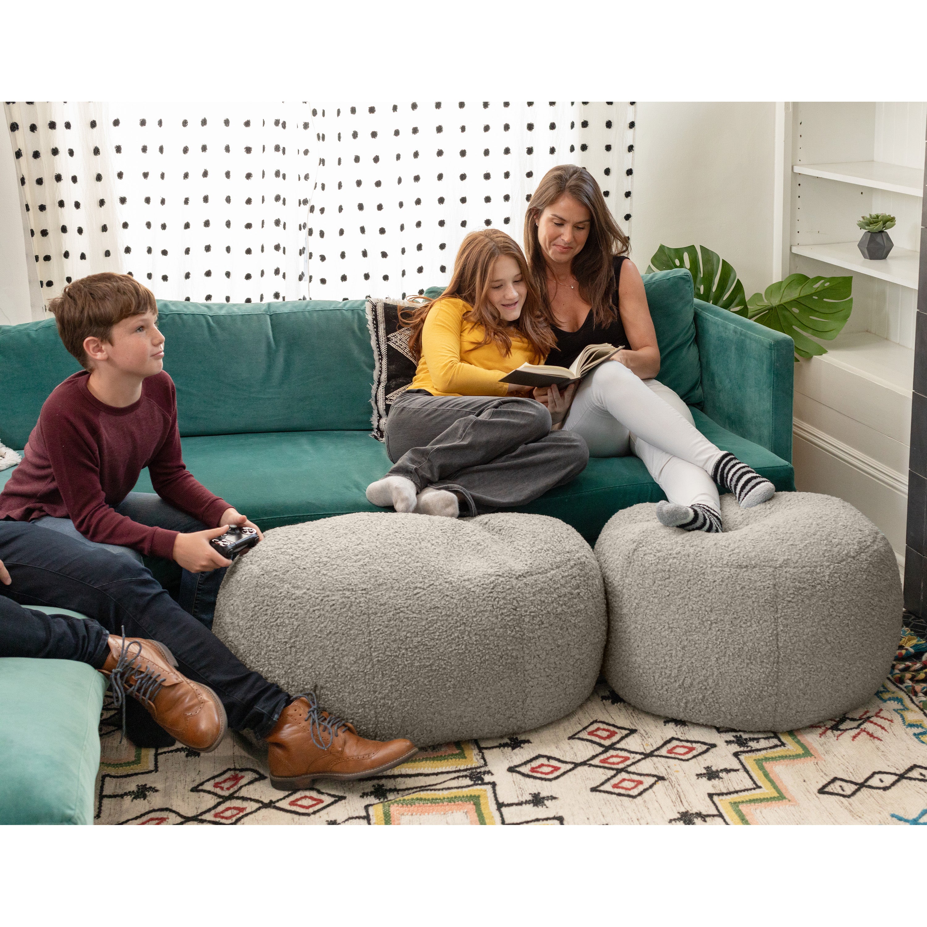 Jaxx Ellis Ottoman Shearling Faux-Lamb Plush Pouf for Modern Interior Design, Oval, Smoke