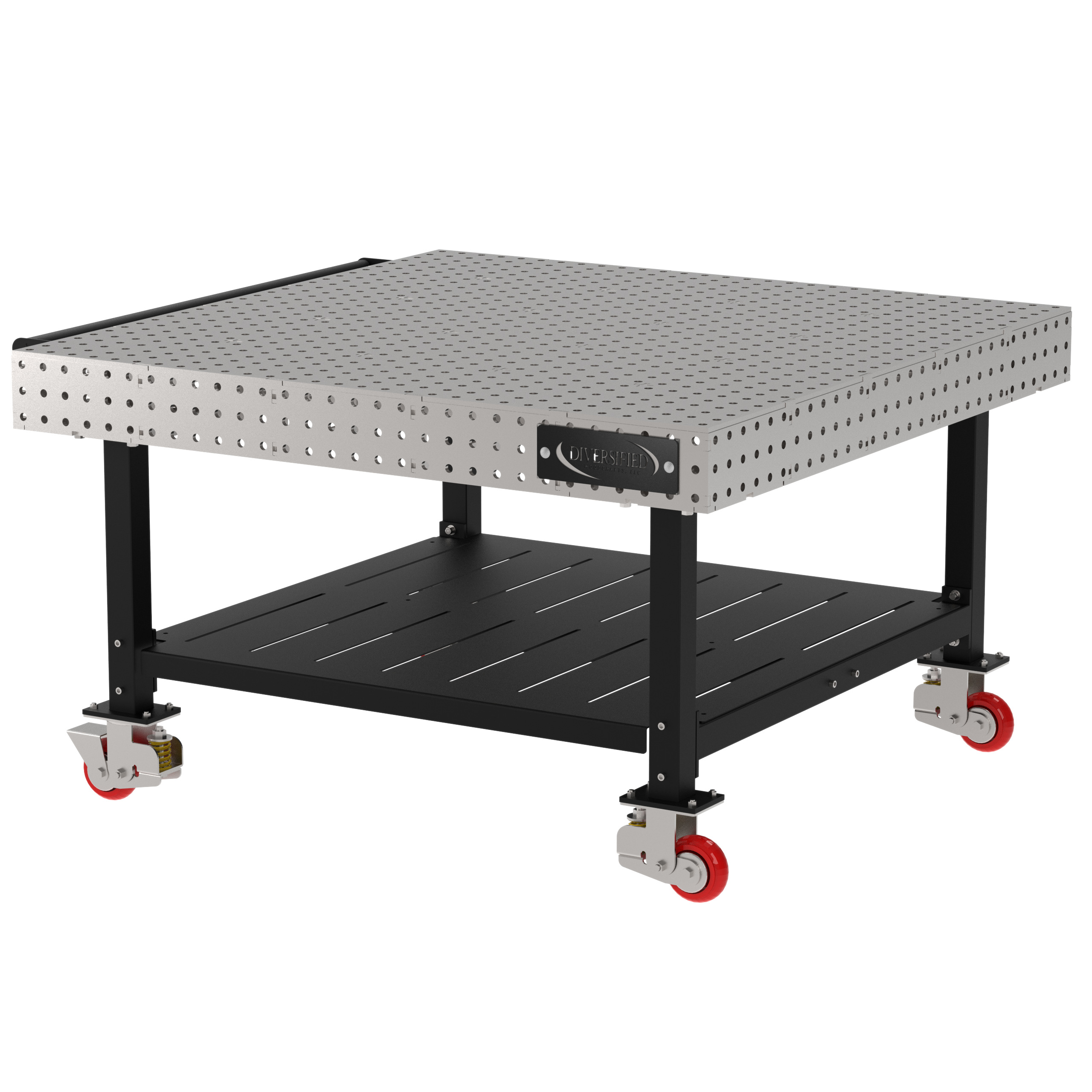 Welding Fixture Table, Fixed Height, 36"H x 60"L x 60"D, 1/4" Carbon Steel Top, Four Black Powdercoat Legs, Shelf, Handle, 4 Heavy Duty Suspension Casters (2 Locking/Swiveling Casters and 2 Non-Locking/Non-SwivelingCasters)