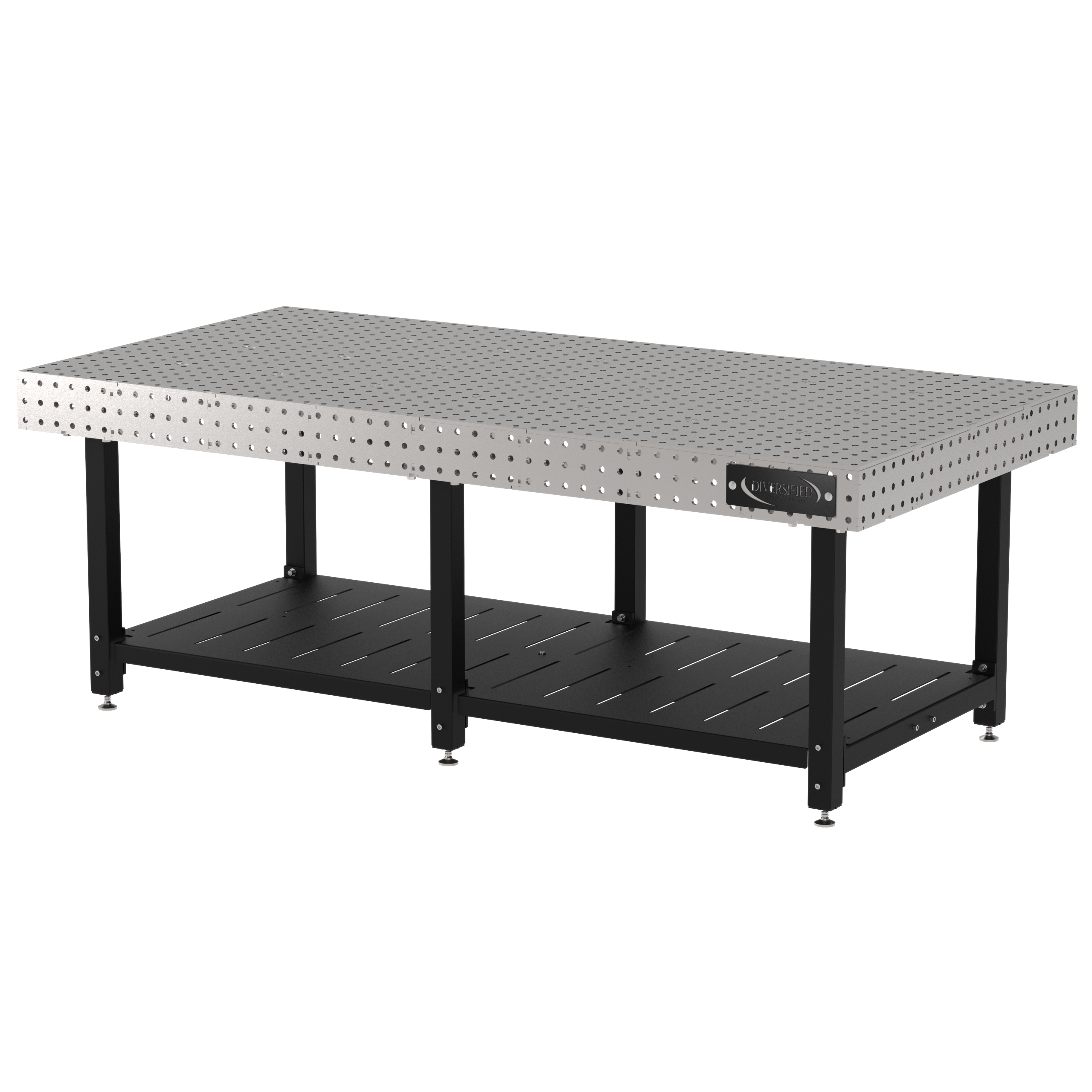 Welding Fixture Table, Fixed Height, 36"H x 96"L x 48"D, 1/4" Carbon Steel Top, Six Black Powdercoat Legs, Shelf, Self-Leveling Feet