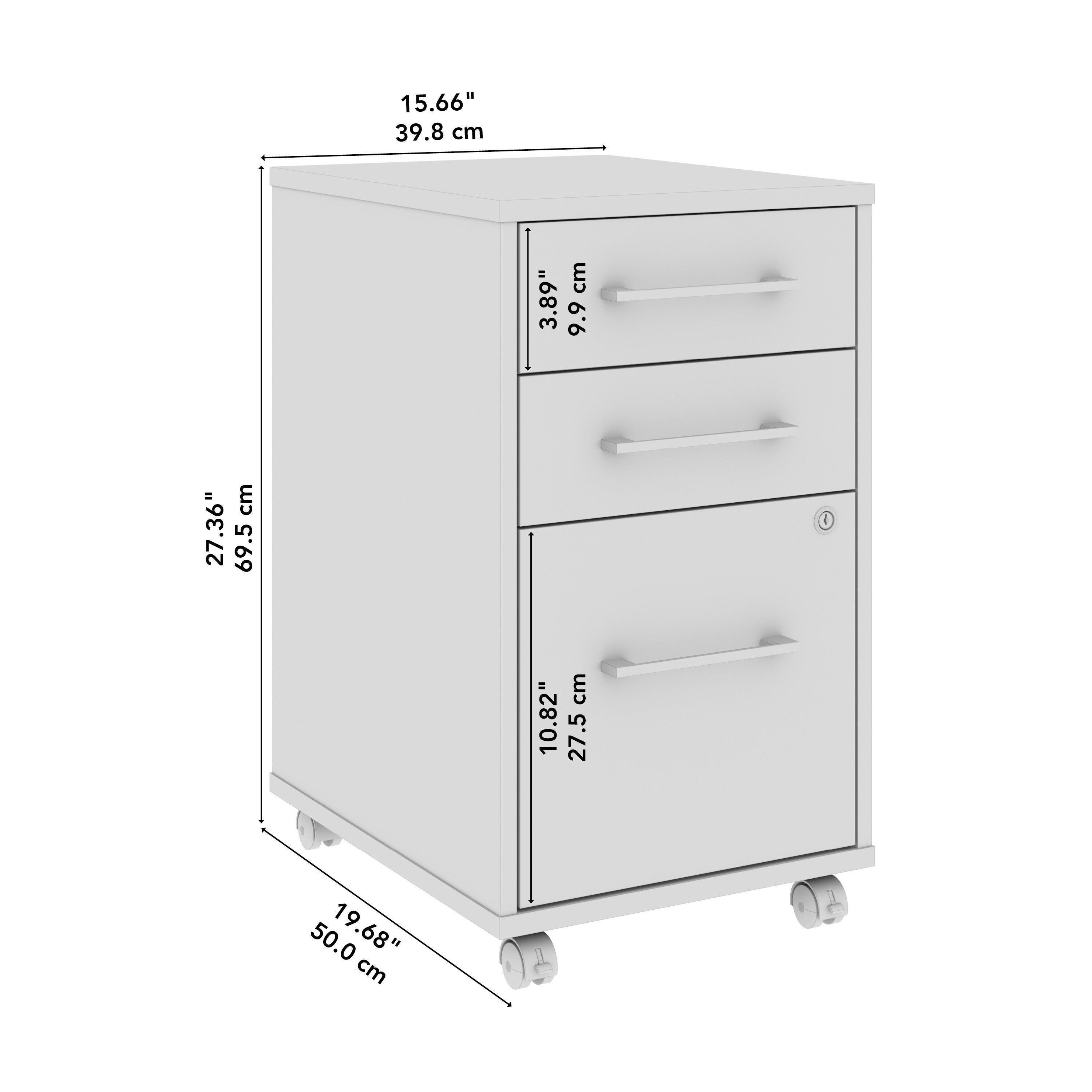 Bush Business Furniture Hustle 3 Drawer Rolling File Cabinet with Lock in White - Assembled - 15.67" Width x 19.69" Depth x 27.36" Height
