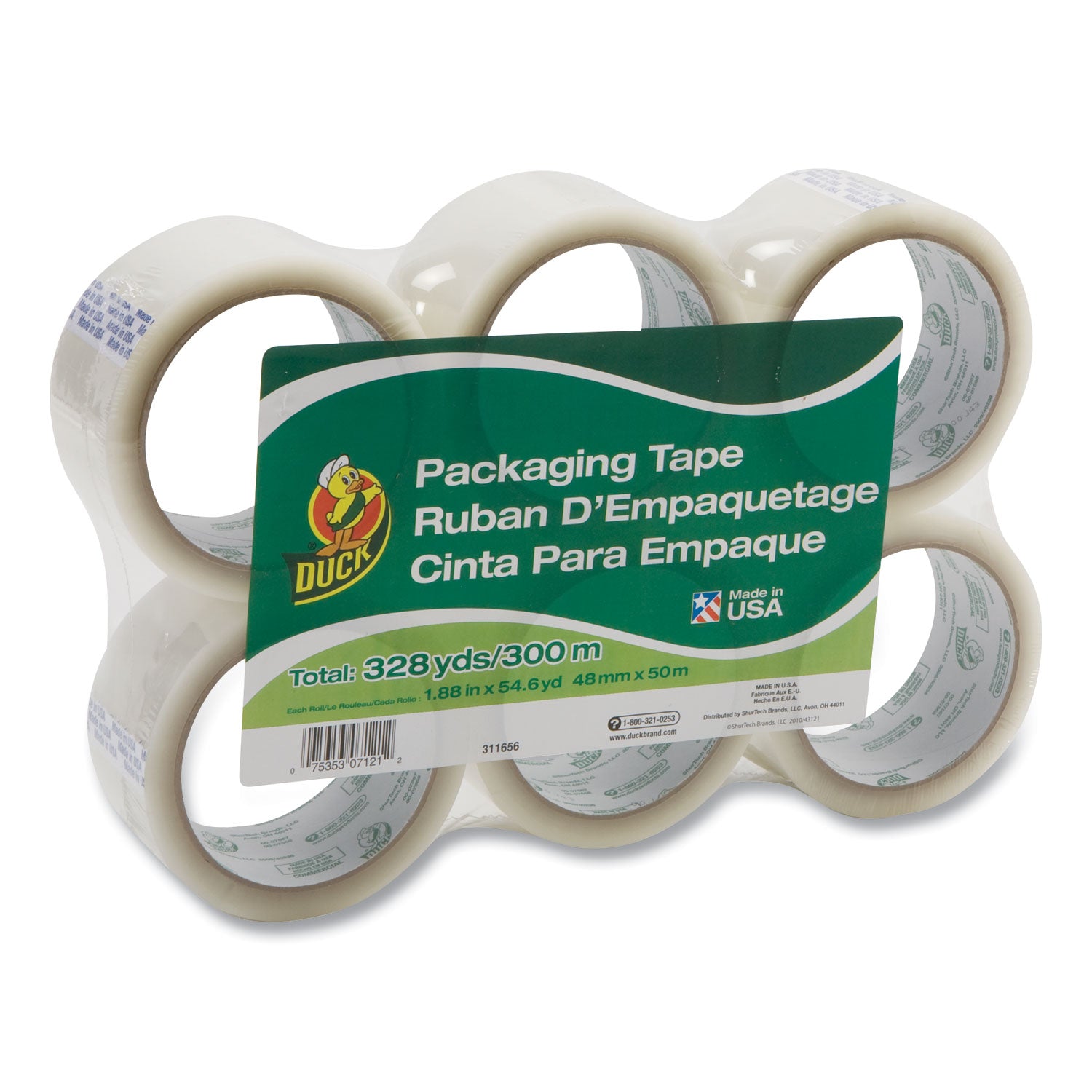 Duck Brand Standard-Grade Packing Tape, Clear, 54.60 yd x 1.88" x 1.9 mil, Acrylic Backing, Water Resistant, 1 Pack