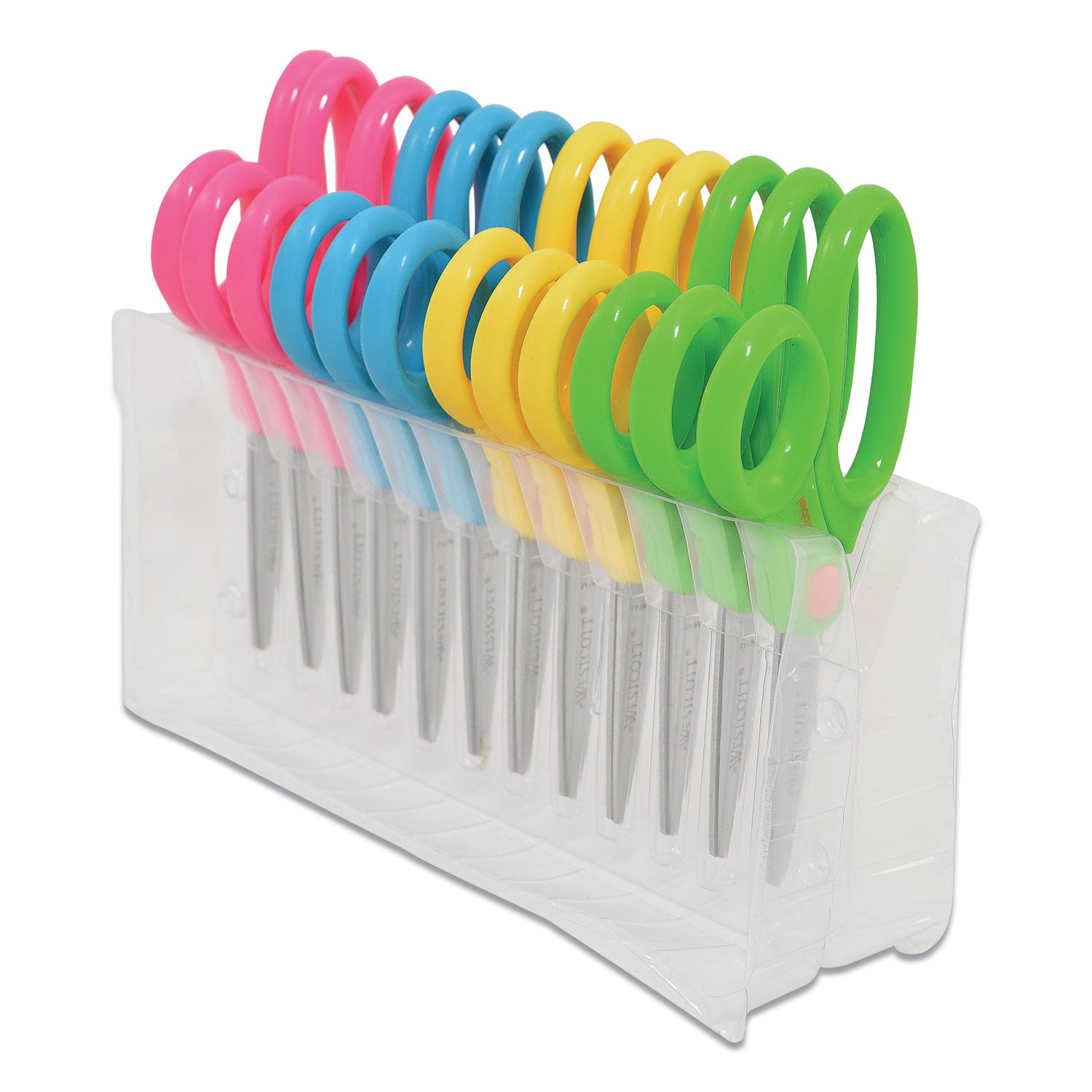 Kids Blunt 5" Scissors with Storage Rack, Anti-Microbial Protection, Assorted Colors, Set of 12
