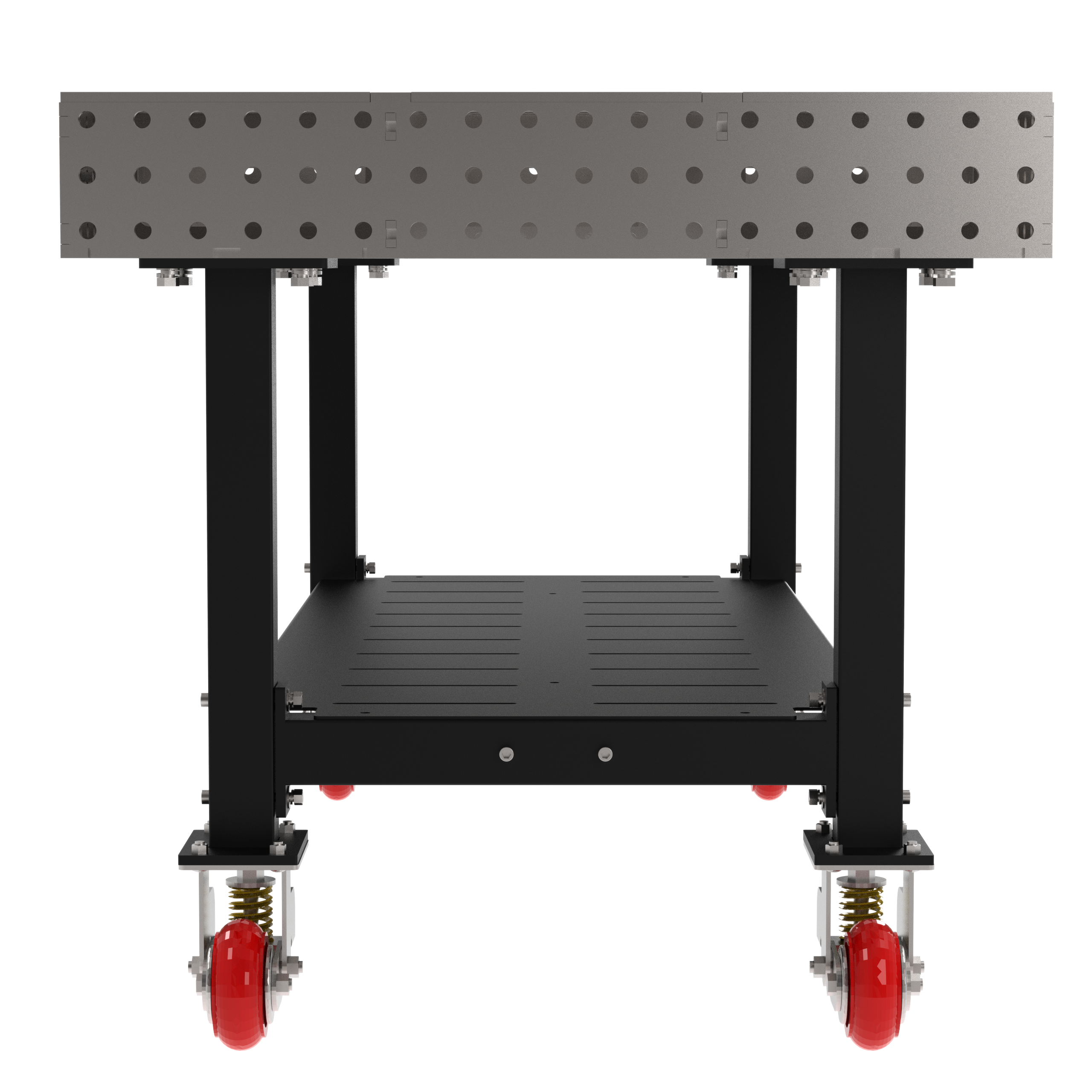 Welding Fixture Table, Fixed Height, 36"H x 72"L x 36"D, 1/4" Carbon Steel Top, Four Black Powdercoat Legs, Shelf, 4 Heavy Duty Suspension Casters (2 Locking/Swiveling Casters and 2 Non-Locking/Non-SwivelingCasters)