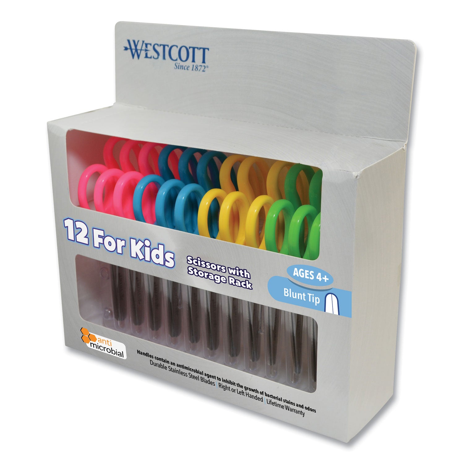 Kids Blunt 5" Scissors with Storage Rack, Anti-Microbial Protection, Assorted Colors, Set of 12