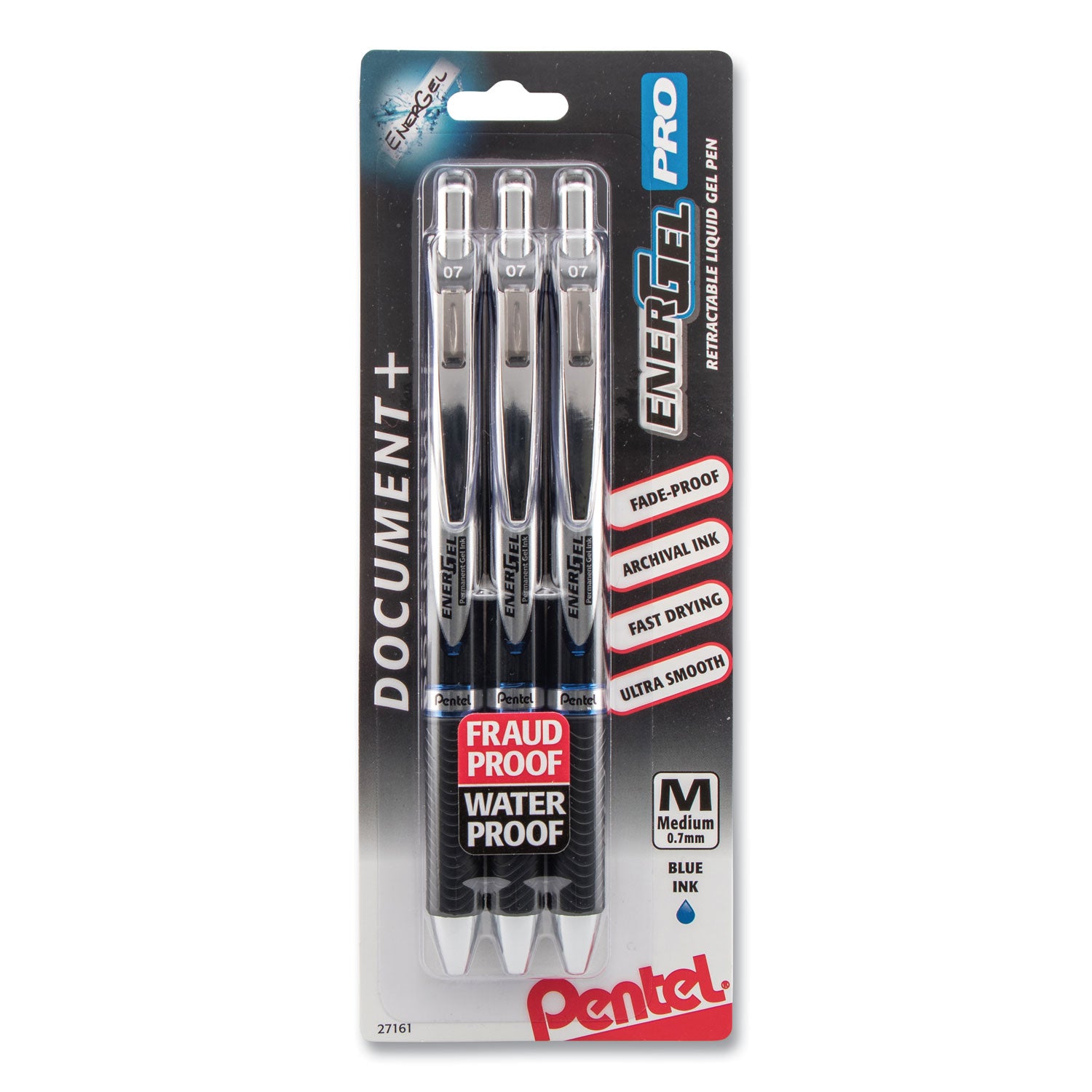 EnerGel PRO Retractable Liquid Gel Ink Pens - 0.7 mm Medium Pen Point - Refillable - Retractable - Blue Ink - Gel-based - Black Stainless Steel Barrel - Metal Tip - 3 / Pack