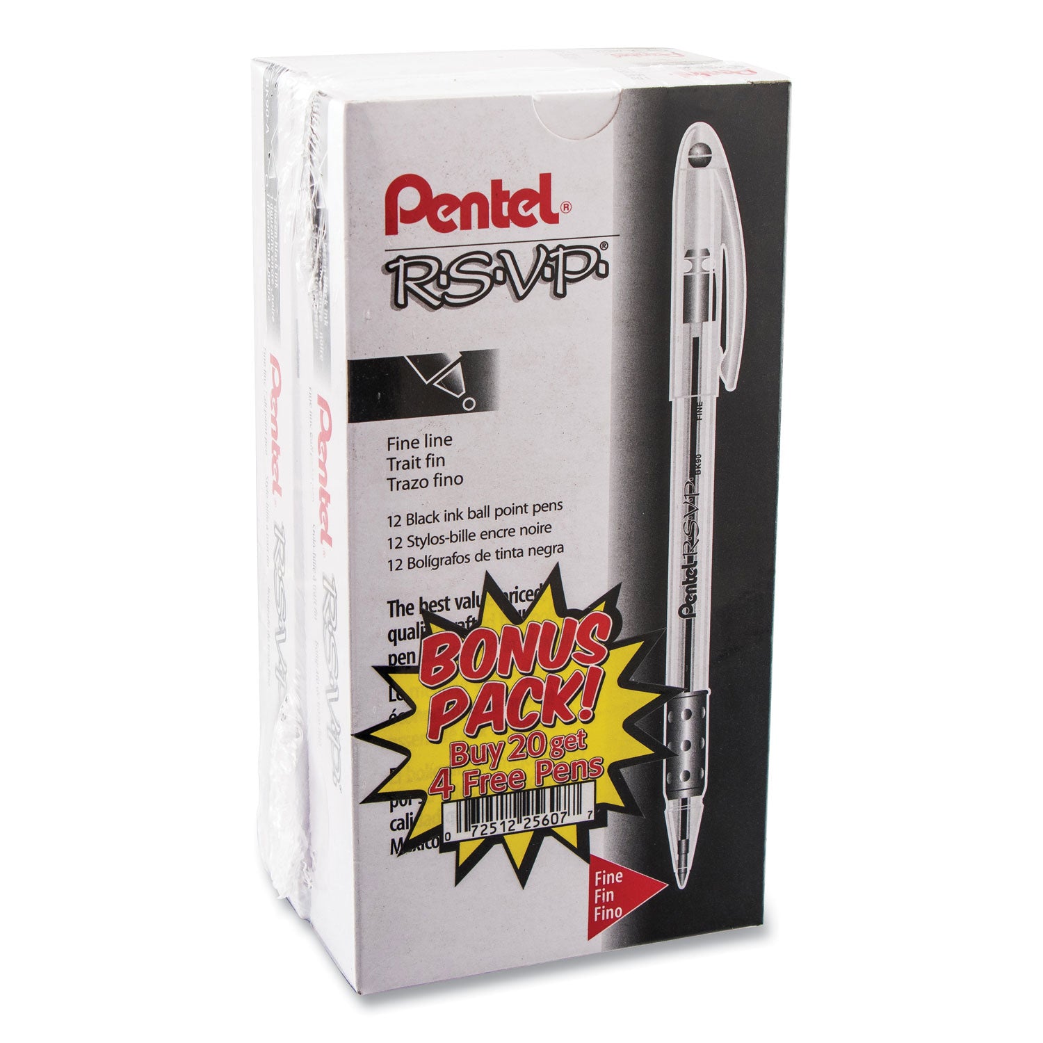Pentel R.S.V.P. Ballpoint Stick Pens - Fine Pen Point - Refillable - Black Ink - Clear Barrel - Stainless Steel Tip - 24 / Pack