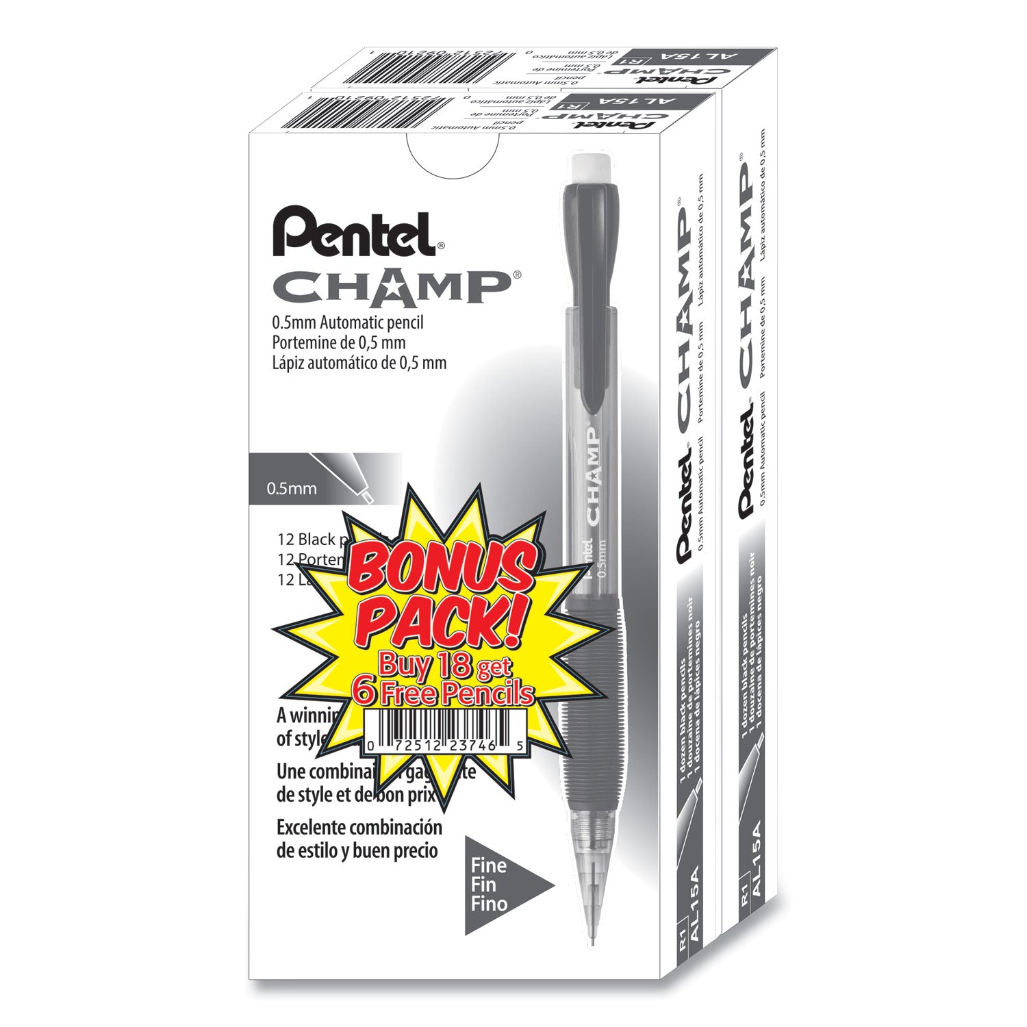 Pentel Champ Mechanical Pencils, 0.5 mm HB Black Lead, Refillable, Black Barrel, 24 Pack