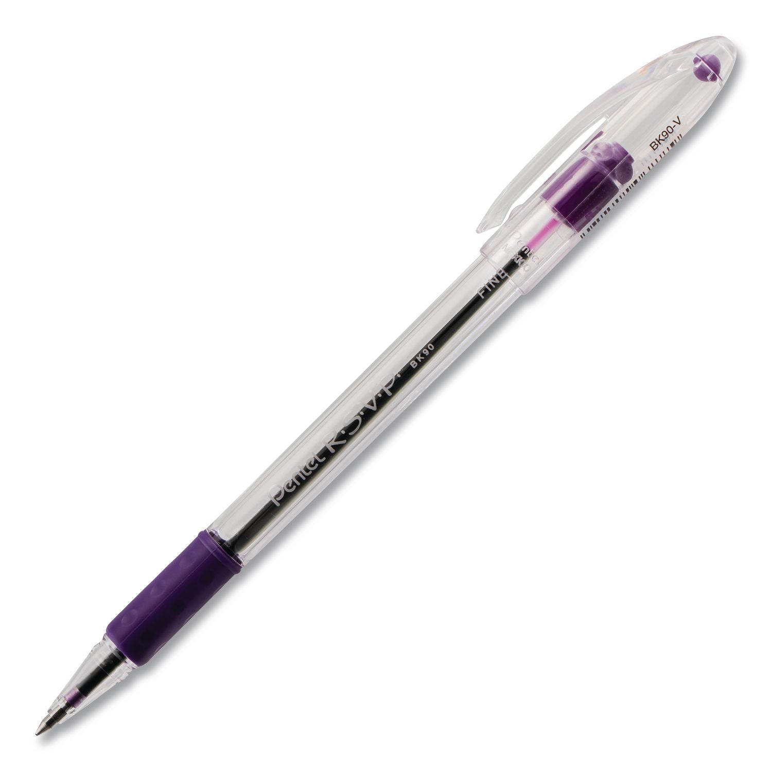 Pentel R.S.V.P. Ballpoint Stick Pens - 0.7 mm Fine Pen Point - Refillable - Violet Ink - Clear Barrel - 1 Dozen