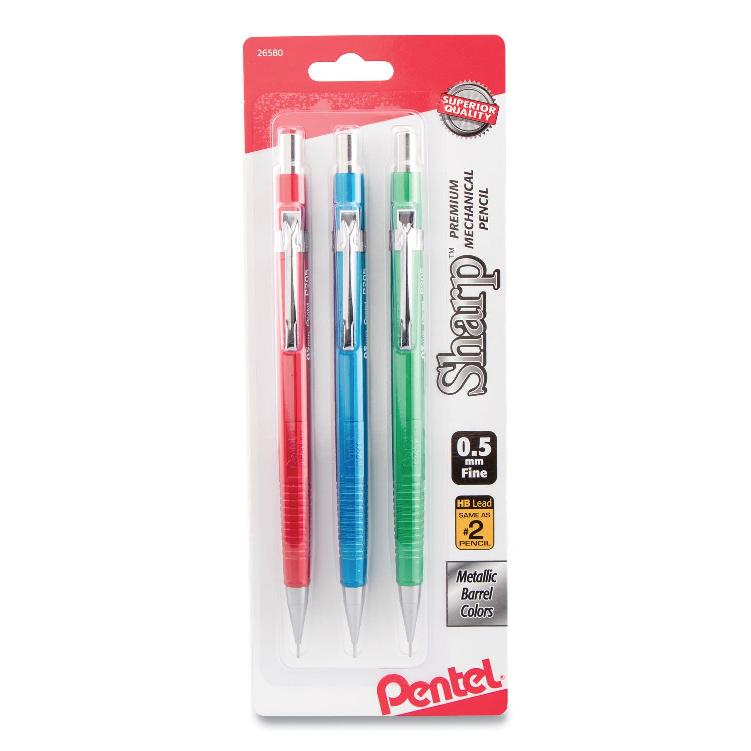 Pentel Sharp Premium Mechanical Pencils, 0.5 mm Black HB Lead, Refillable, Assorted Barrels, 3 Pack