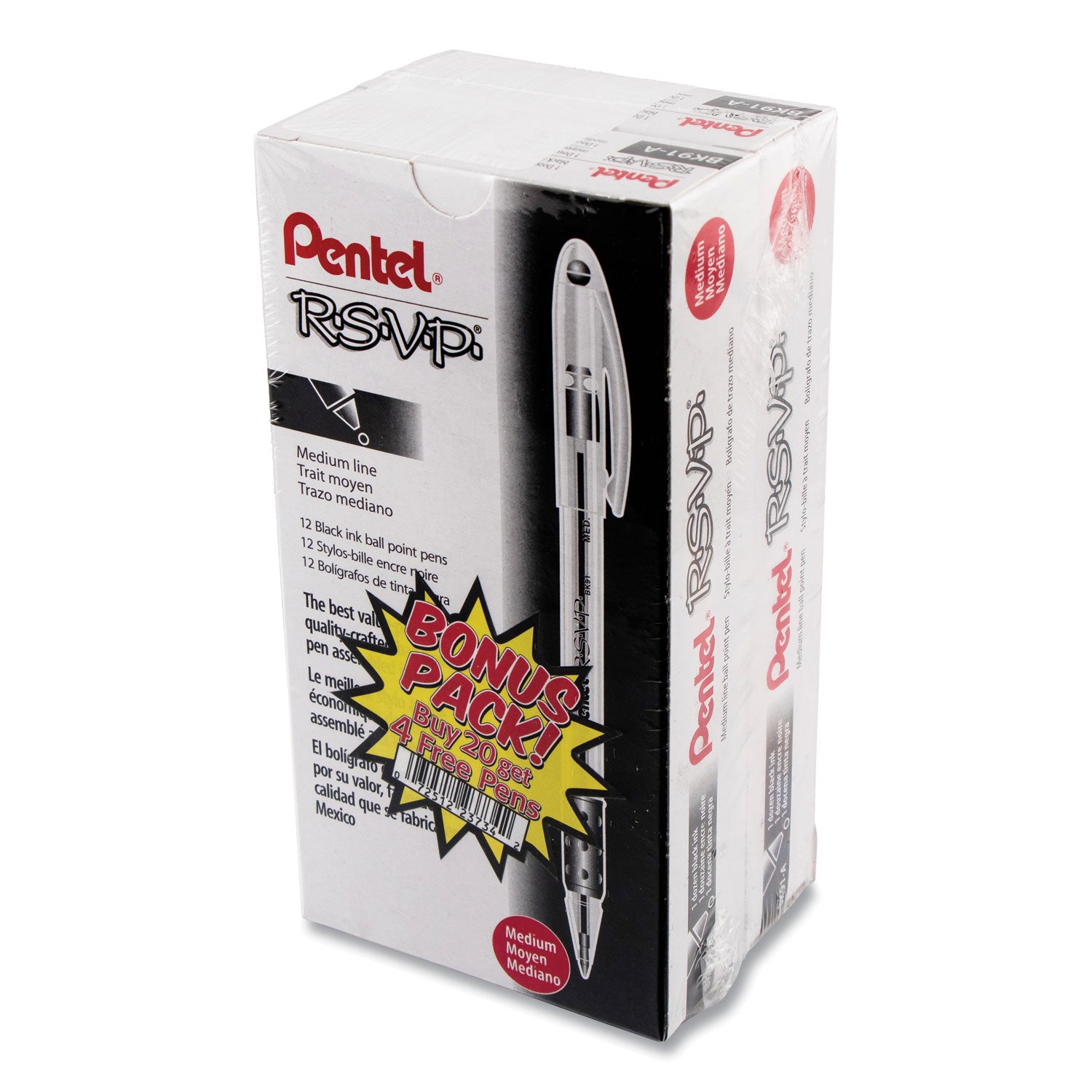 Pentel R.S.V.P. Ballpoint Stick Pens - Medium Pen Point - Refillable - Black Ink - Clear Barrel - Stainless Steel Tip - 24 / Pack