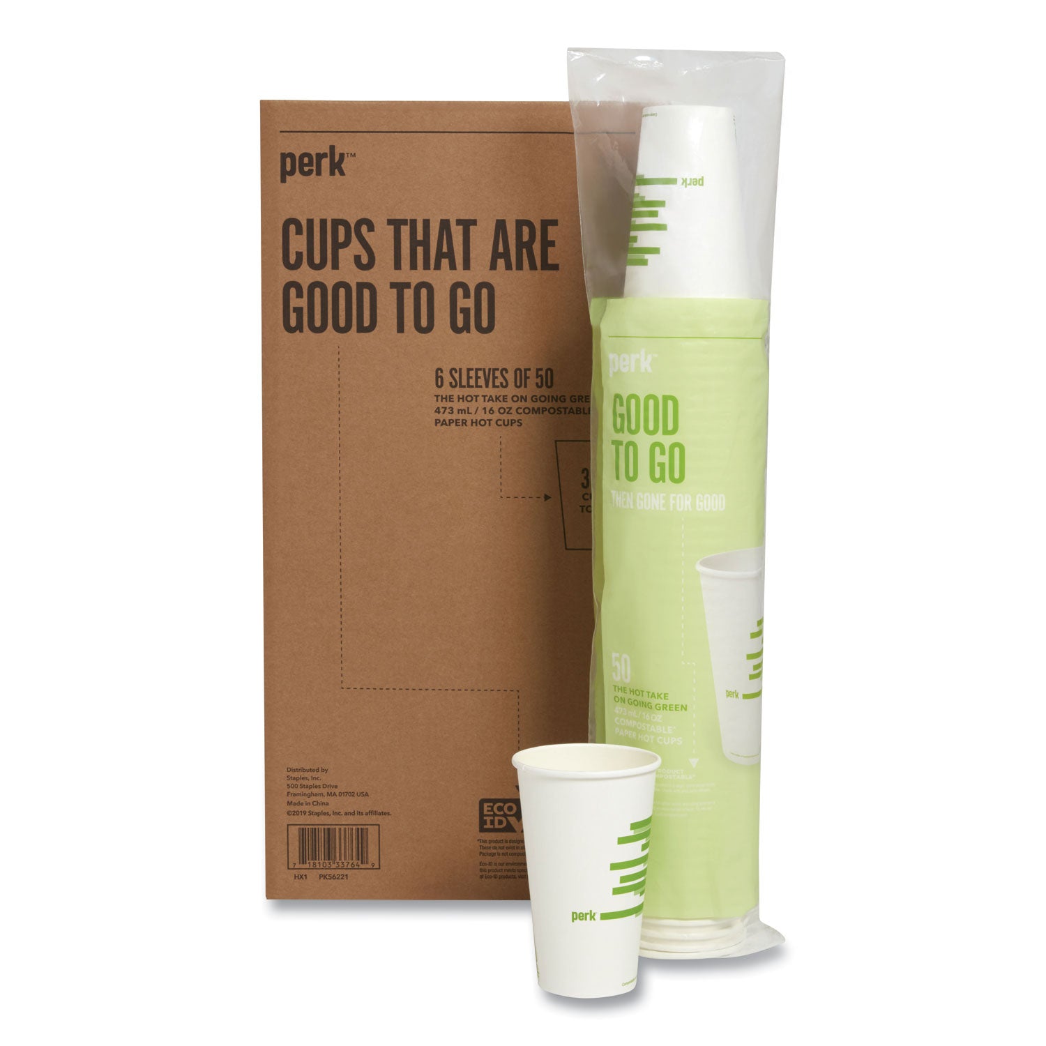 Eco-Id Compostable Paper Hot Cups, 16 Oz, White/green, 50/pack, 6 Packs/carton