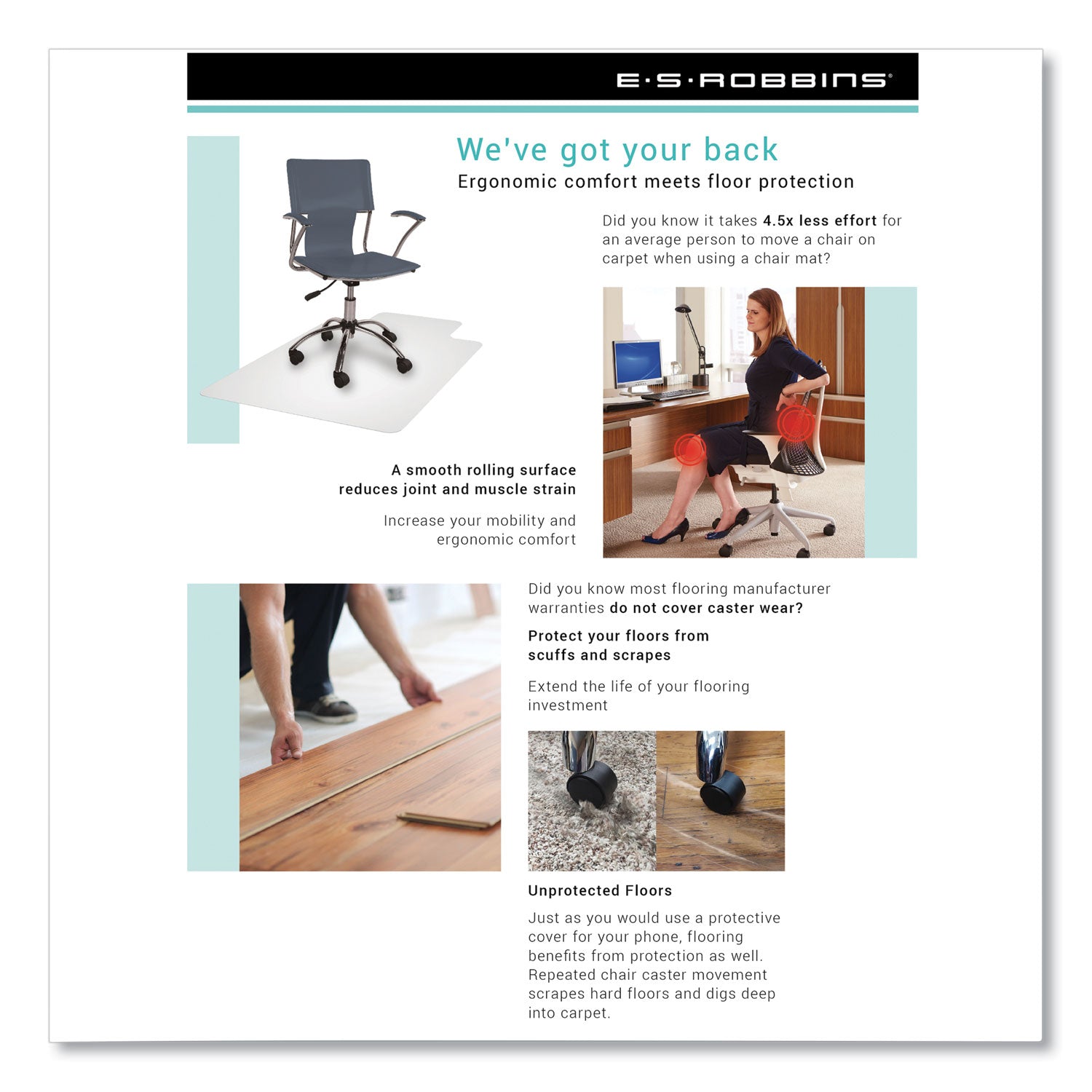 ES ROBBINS Sit or Stand Mat with Lip - Hard Floor36" Width - Lip Size 18" Length x 20" Width - Rectangular - Vinyl, Foam - Clear - 1 Each
